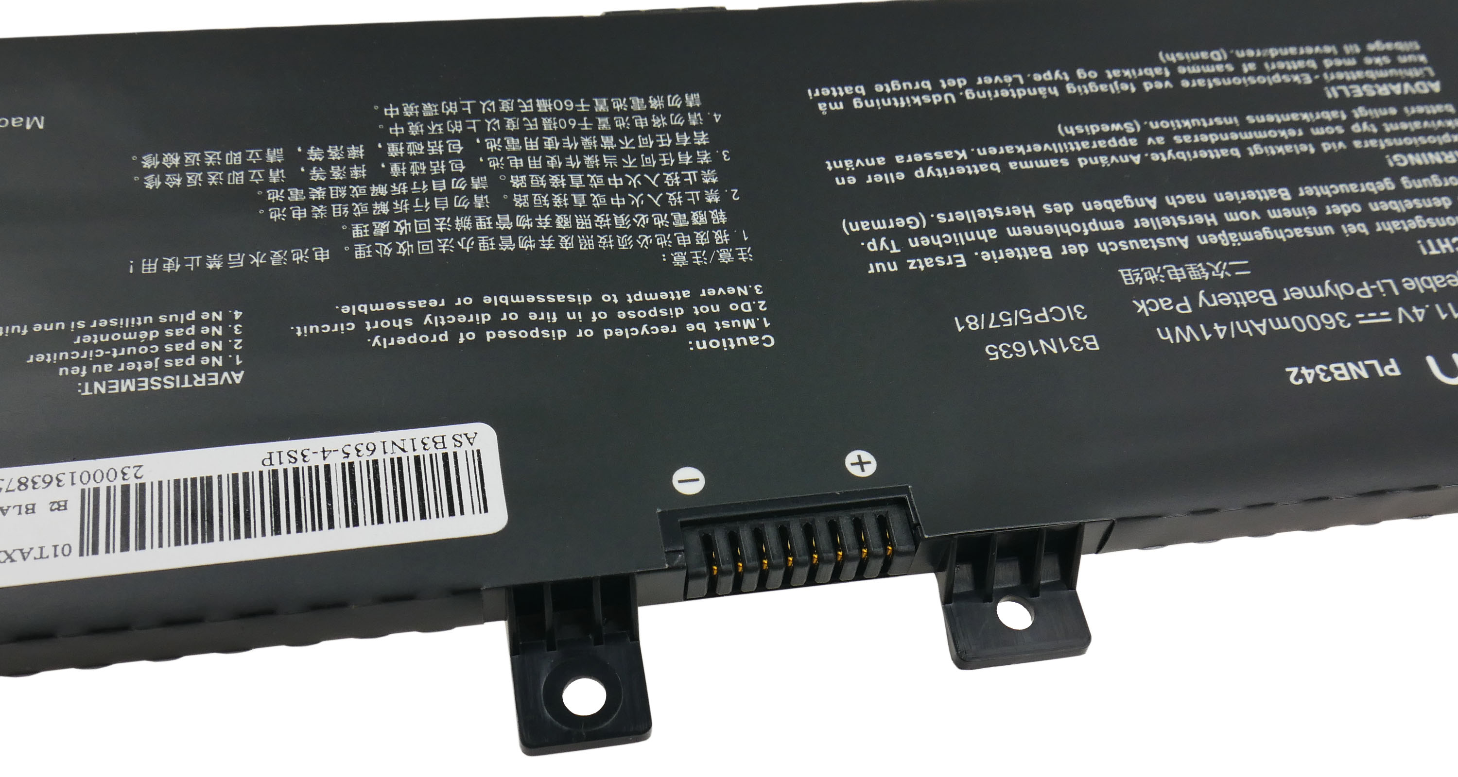 Czarny akumulator Li-Polymer z ostrzeżeniami i kodem kreskowym.