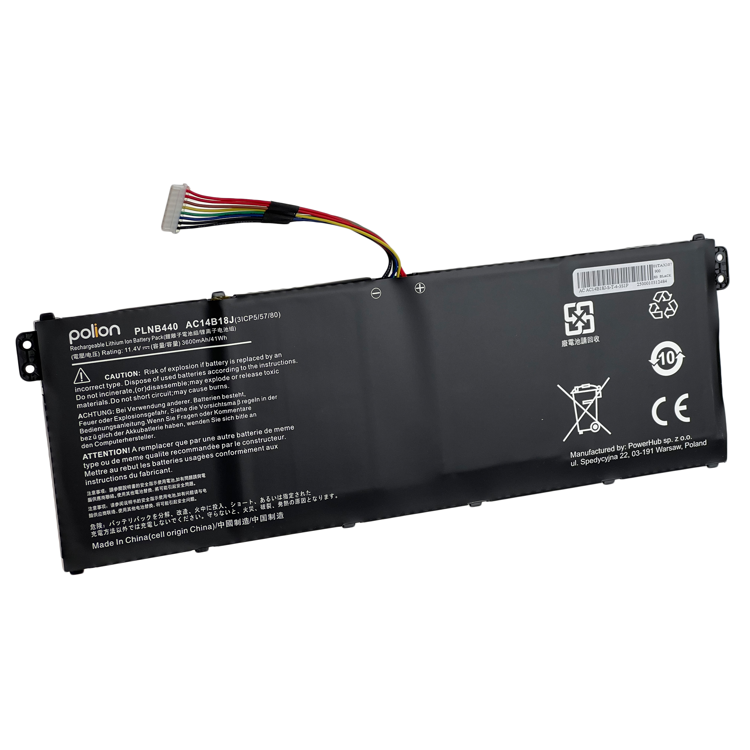 Czarna bateria do laptopa, model PLNB440 AC14B18J, z kablami.