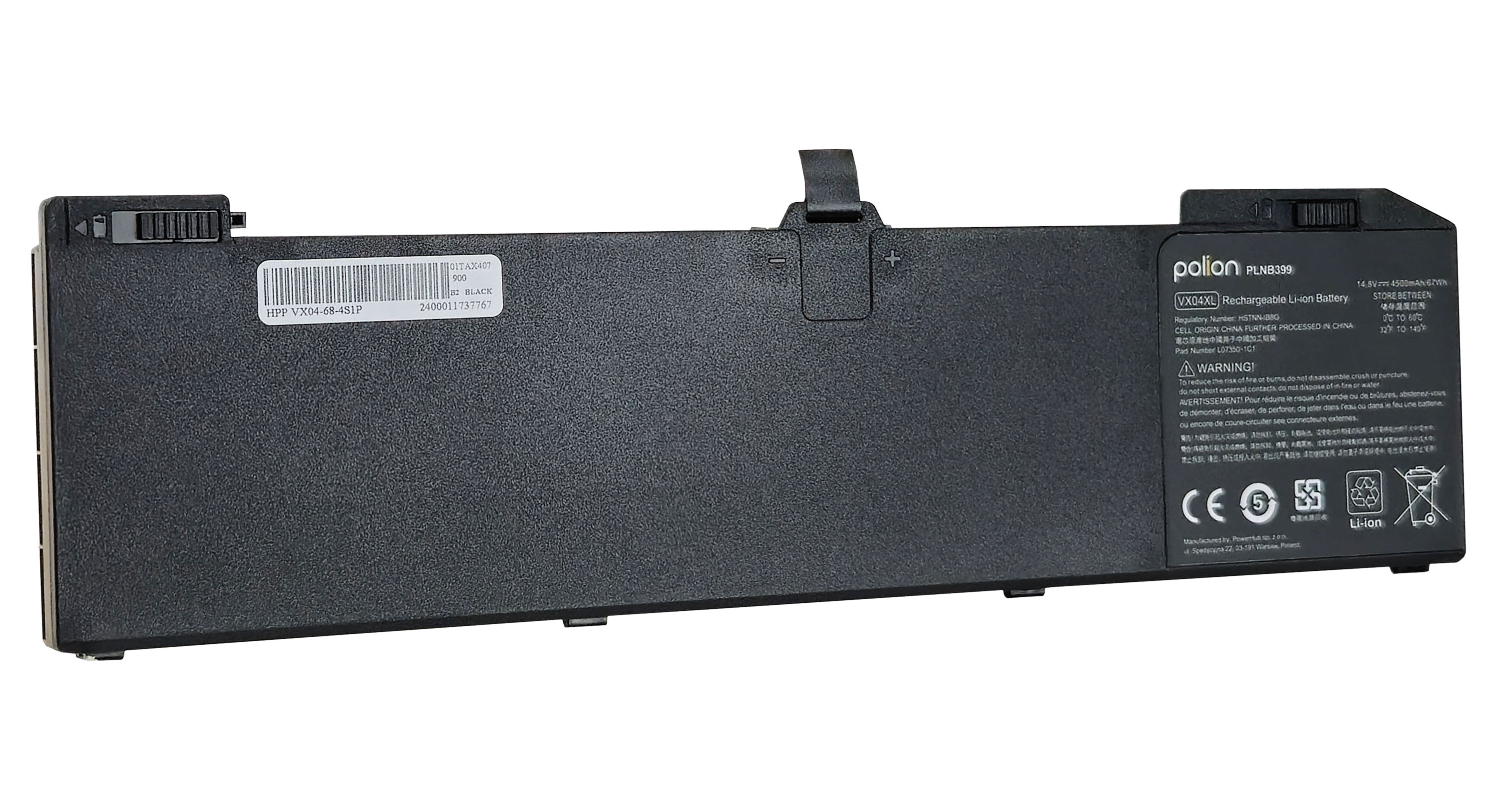 Czarny akumulator do laptopa z etykietami i złączami. Widoczne symbole CE i Li-ion.