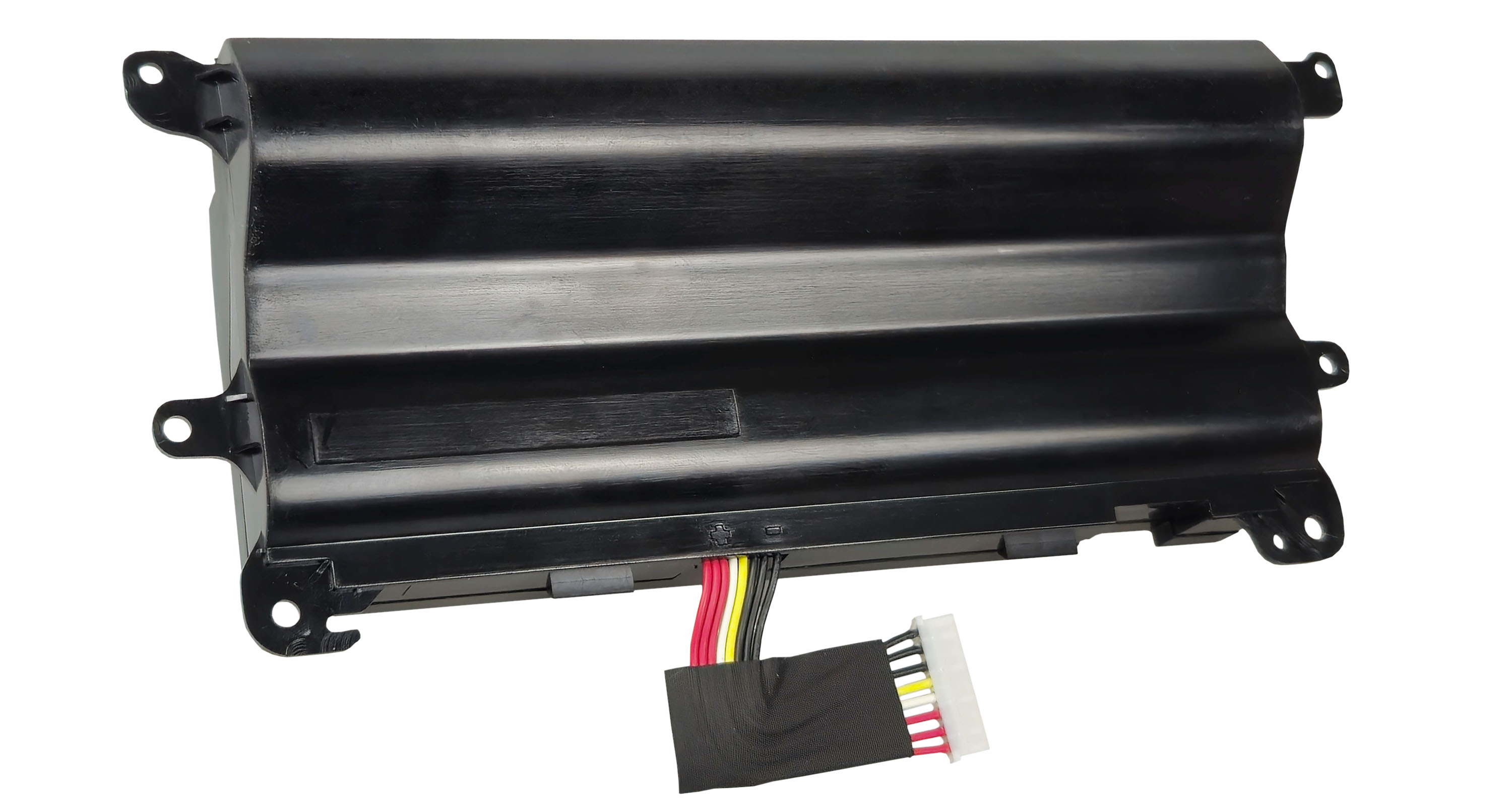 Czarna bateria do laptopa z kablami i złączami, na białym tle.