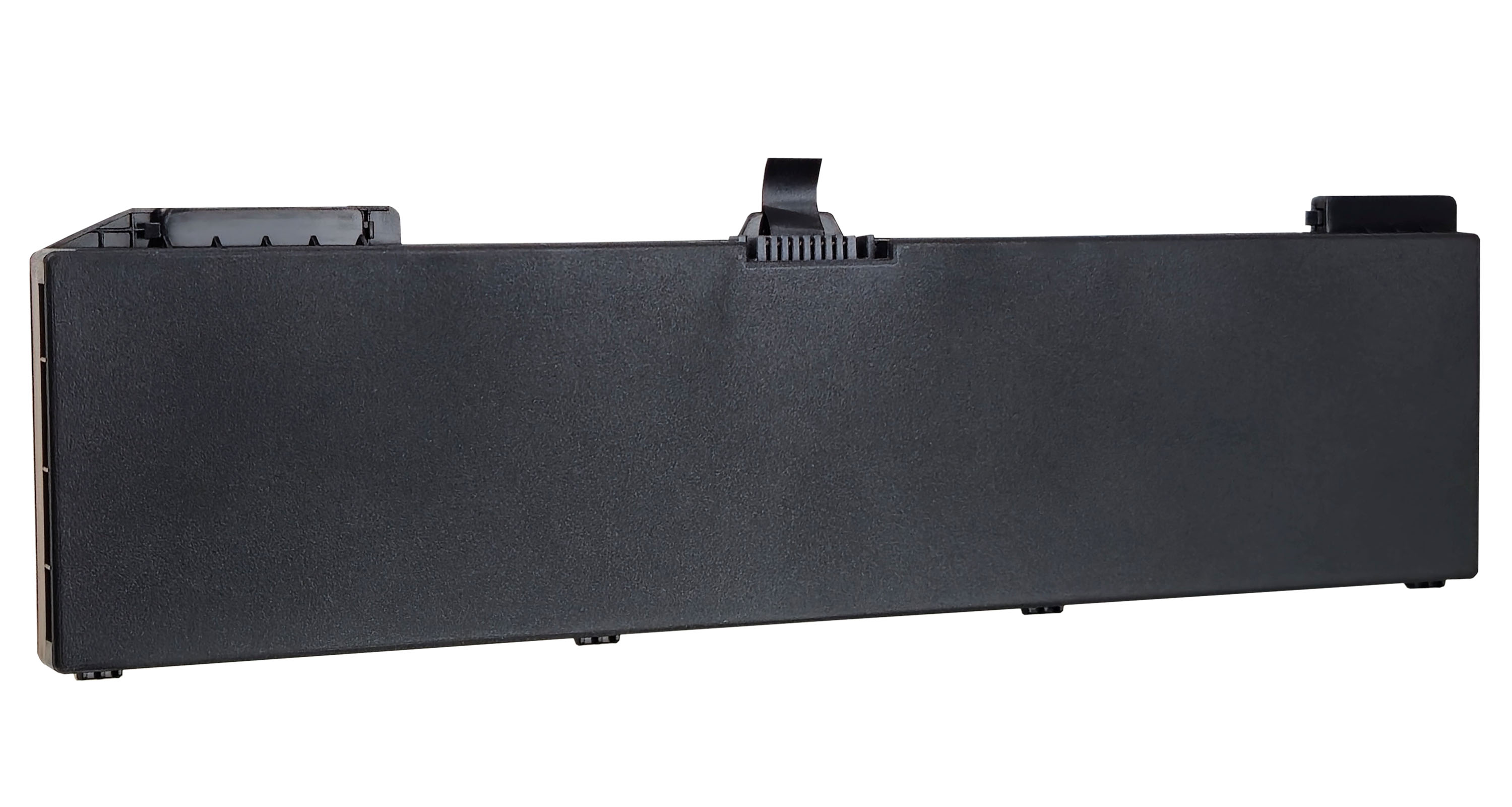 Czarna bateria do laptopa ze złączami i mechanizmami blokującymi.