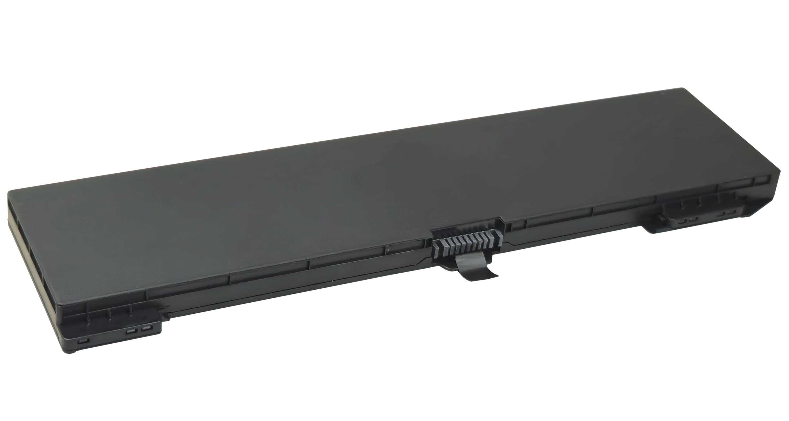 Czarna bateria do laptopa z łącznikami na jednym końcu.