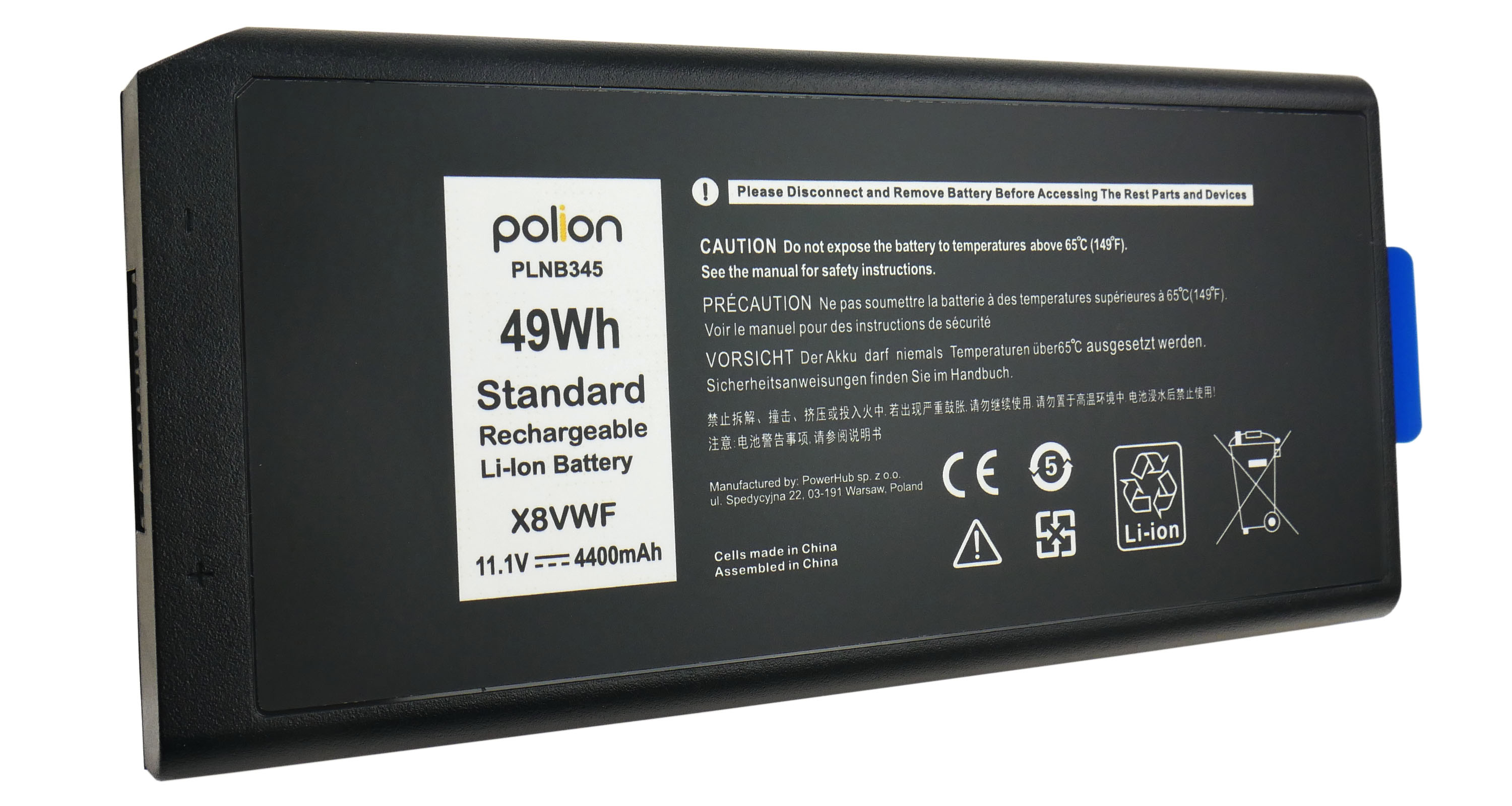 Czarna bateria Li-Ion Polon, 49Wh, 11.1V, 4400mAh, z ostrzeżeniami dotyczącymi bezpieczeństwa.