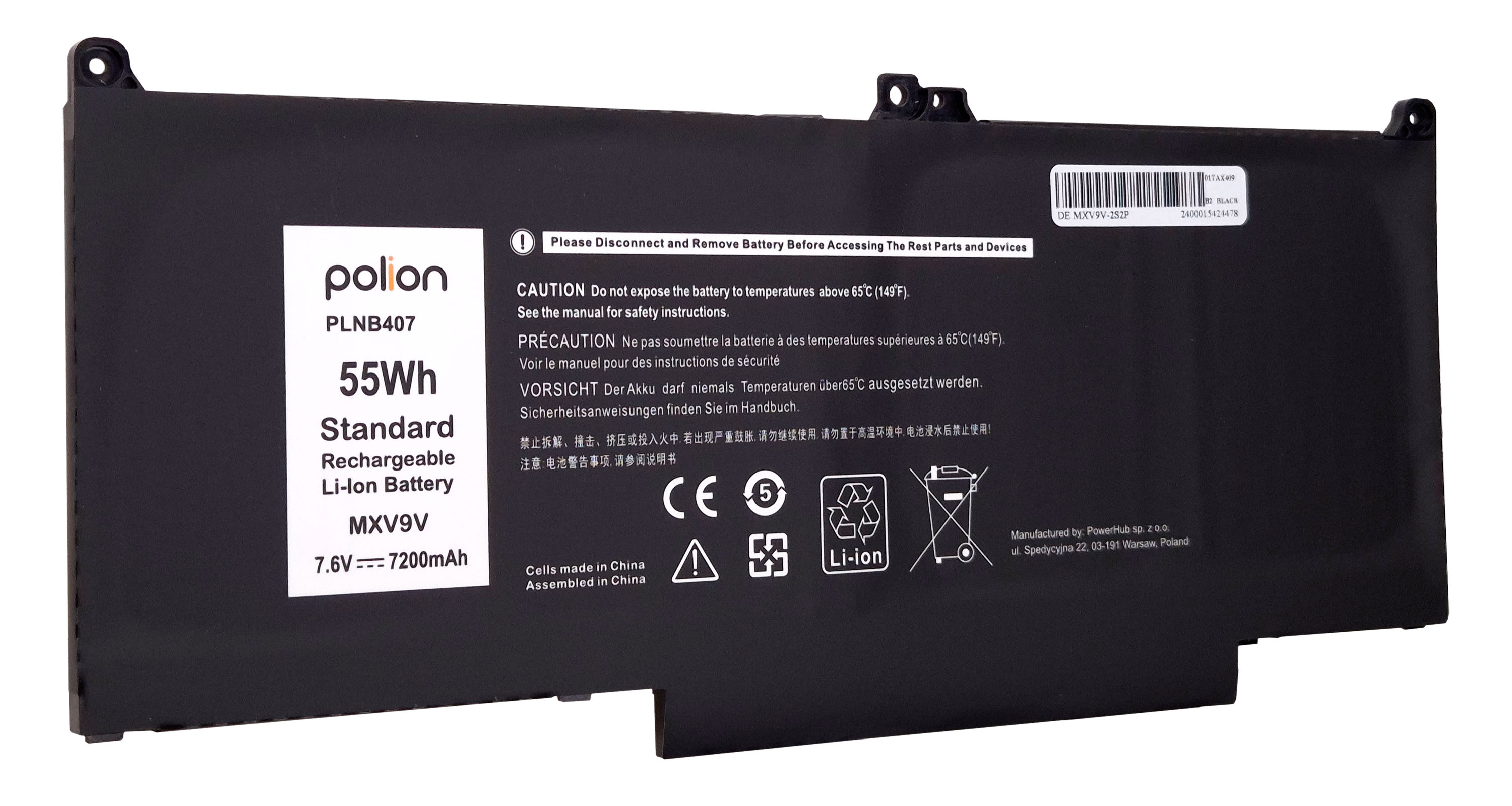 Czarna bateria marki Polion, 55Wh, Li-Ion, MXV9V, 7.6V, 7200mAh.