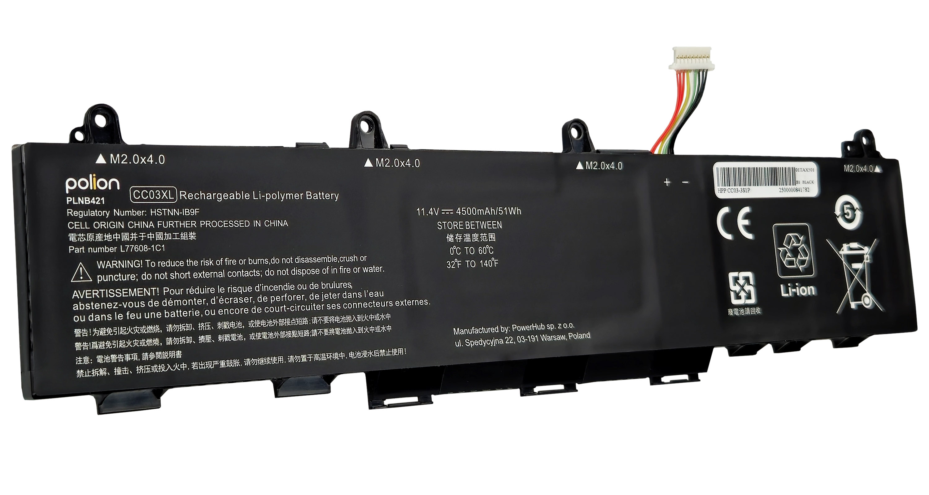 Czarna bateria litowo-jonowa z kablem i etykietami ostrzegawczymi.