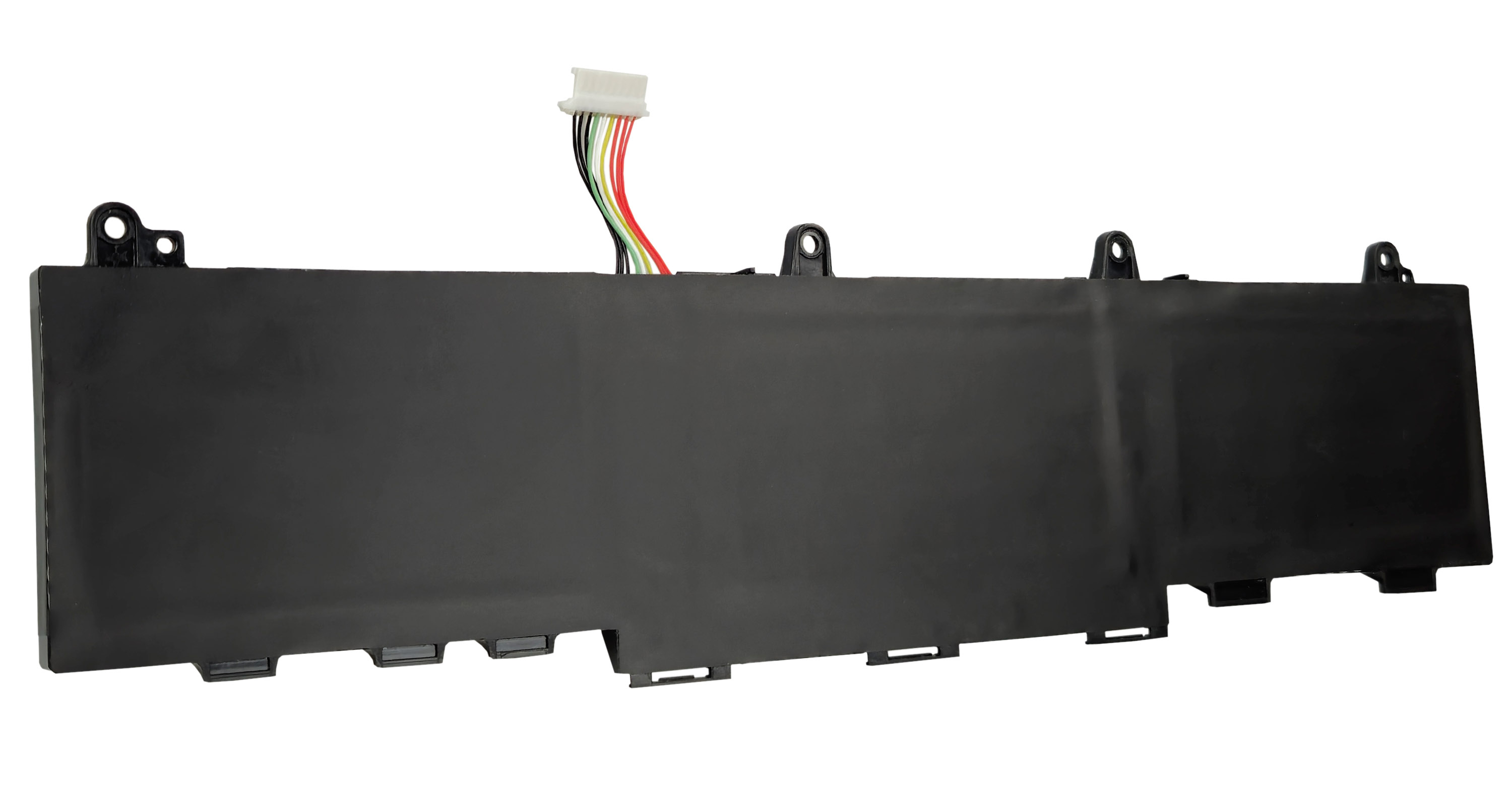 Czarna bateria do laptopa z przewodami i zaczepami montażowymi, na białym tle.