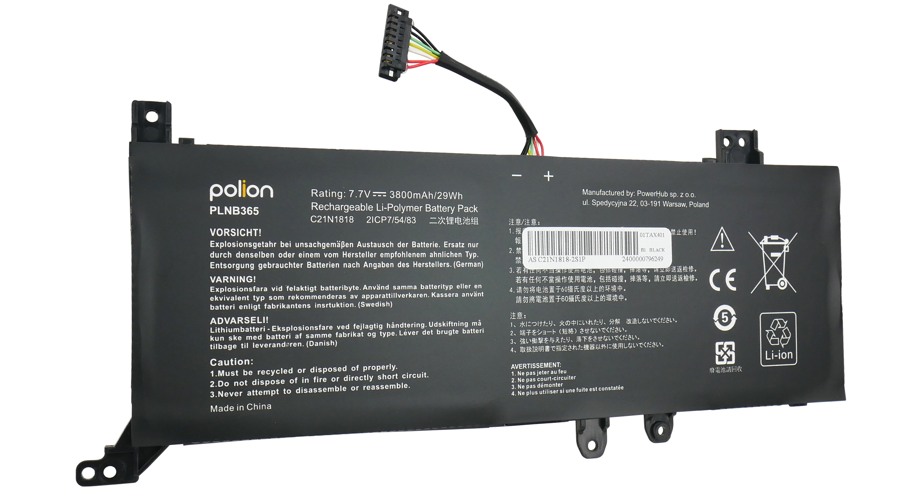 Czarna bateria litowo-jonowa, model PLNB365, z kablem i ostrzeżeniami.