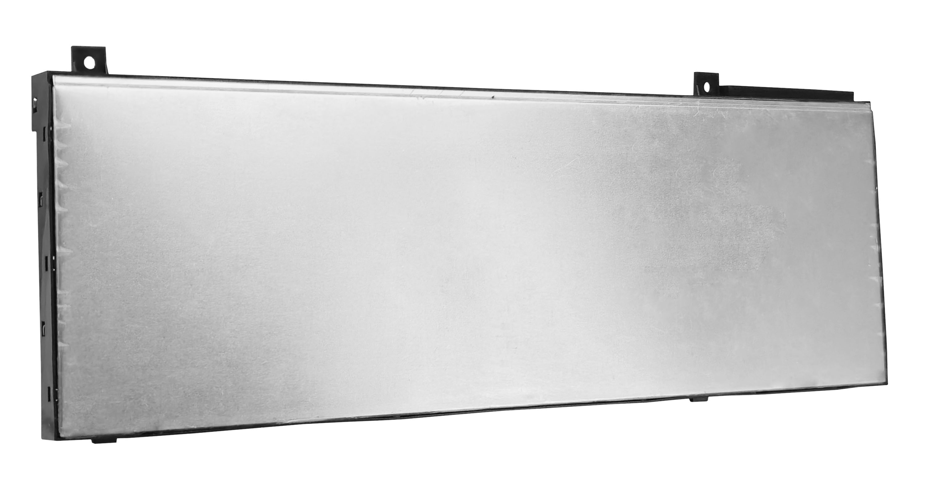 Szary panel metalowy z czarnymi wspornikami w rogach, białe tło.