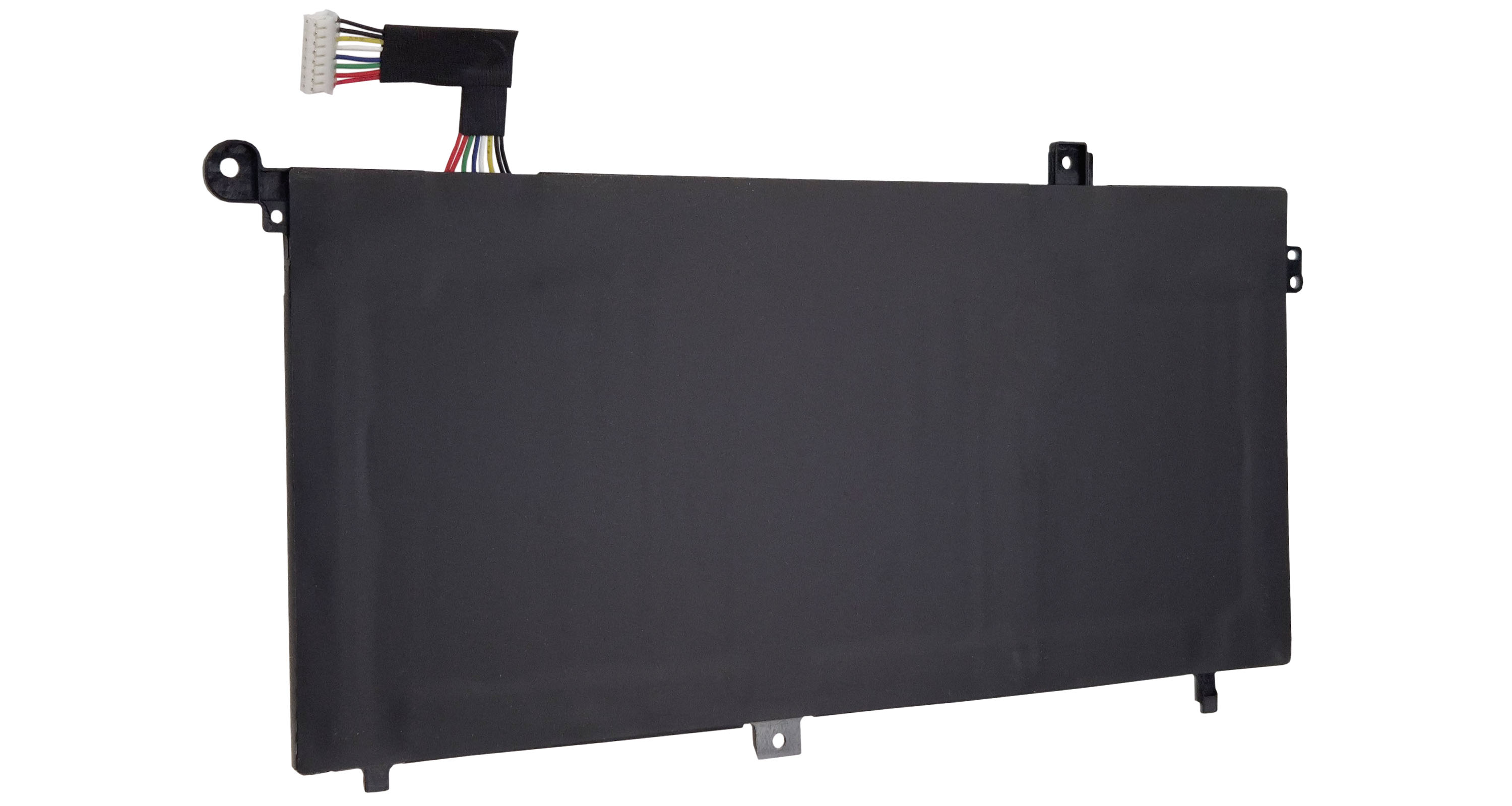 Czarna bateria do laptopa z kablem i złączem, na białym tle.