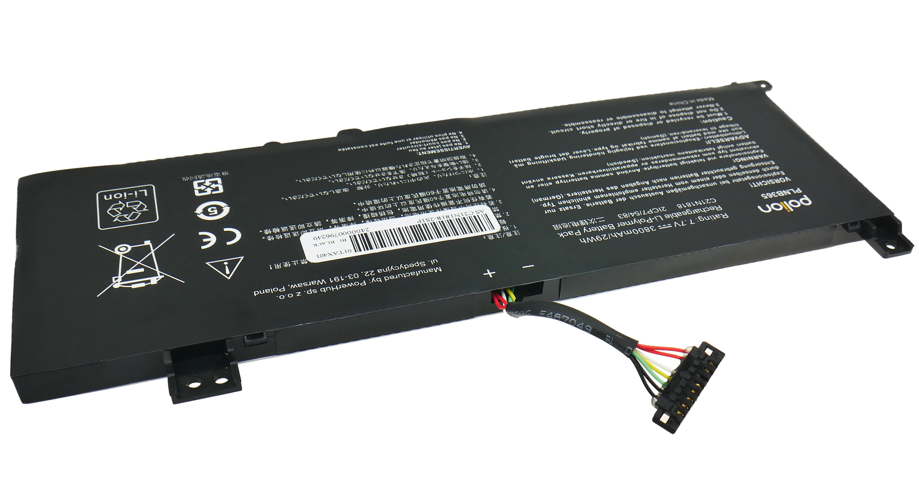 Czarny akumulator Li-Polimer z kablem i napisem, wyprodukowany w Chinach.