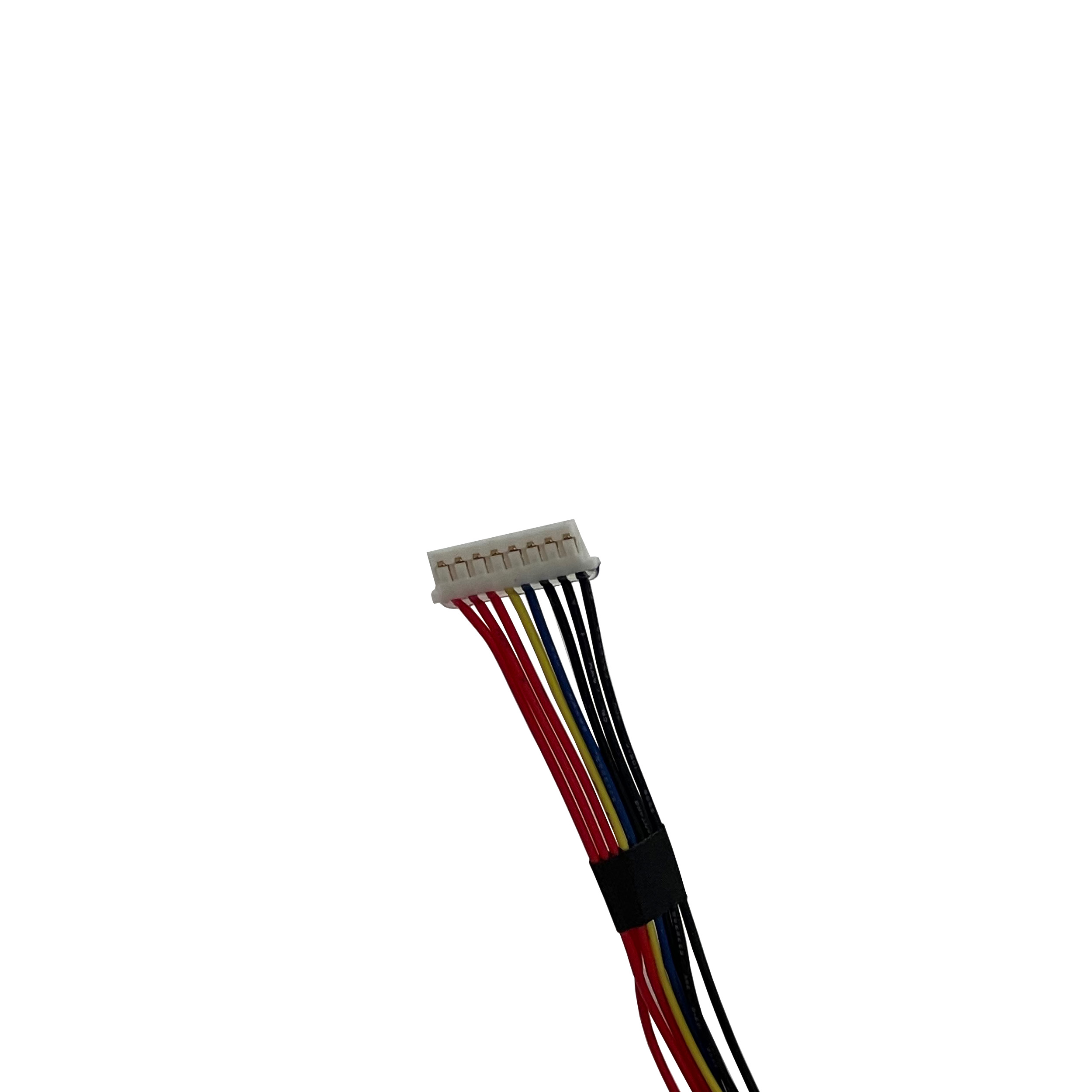 Białe złącze z kolorowymi przewodami: czerwonym, żółtym, niebieskim i czarnym.