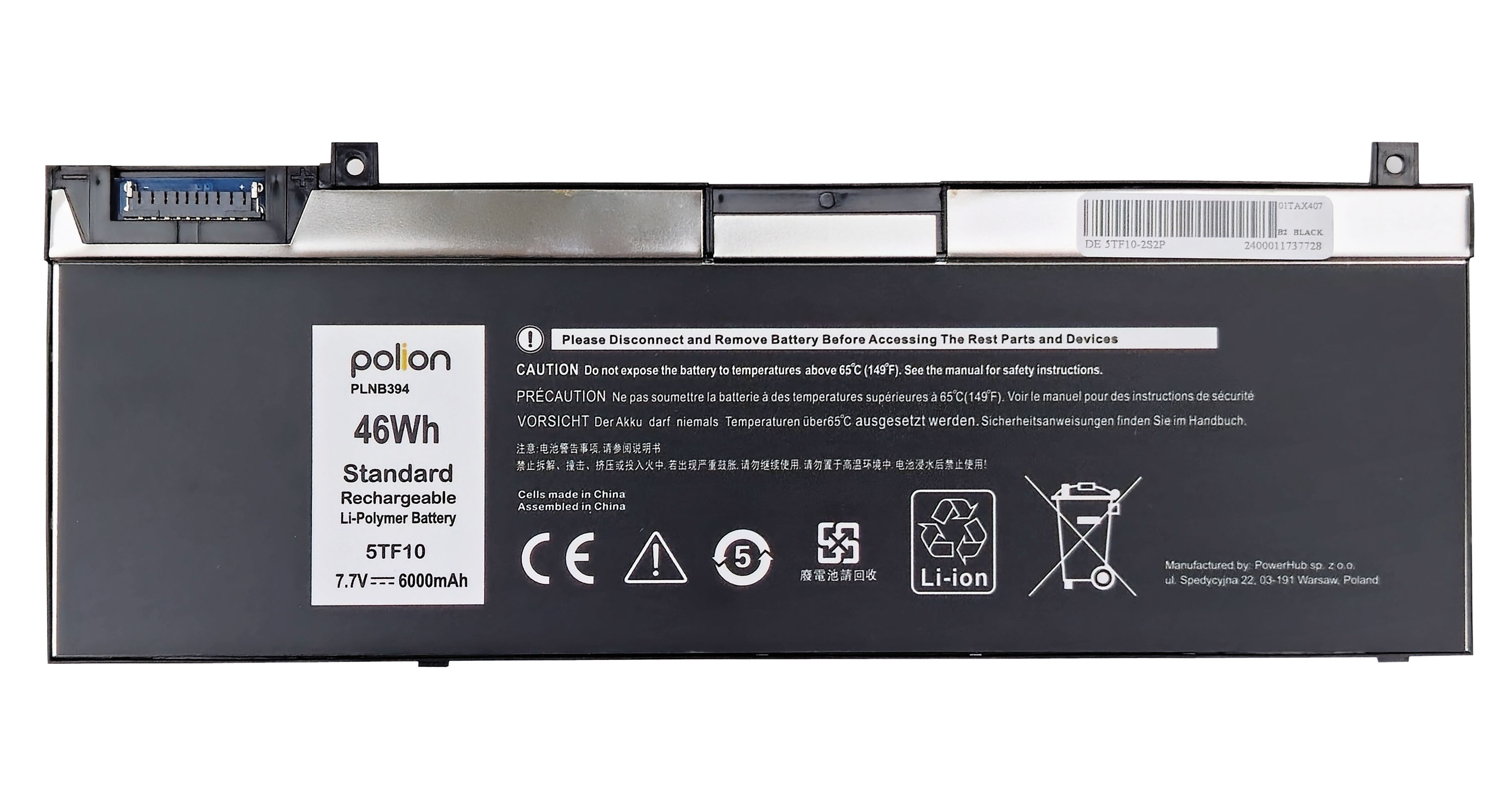 Czarna bateria do laptopa z logo "polion", 46Wh, 7.7V, 6000mAh.