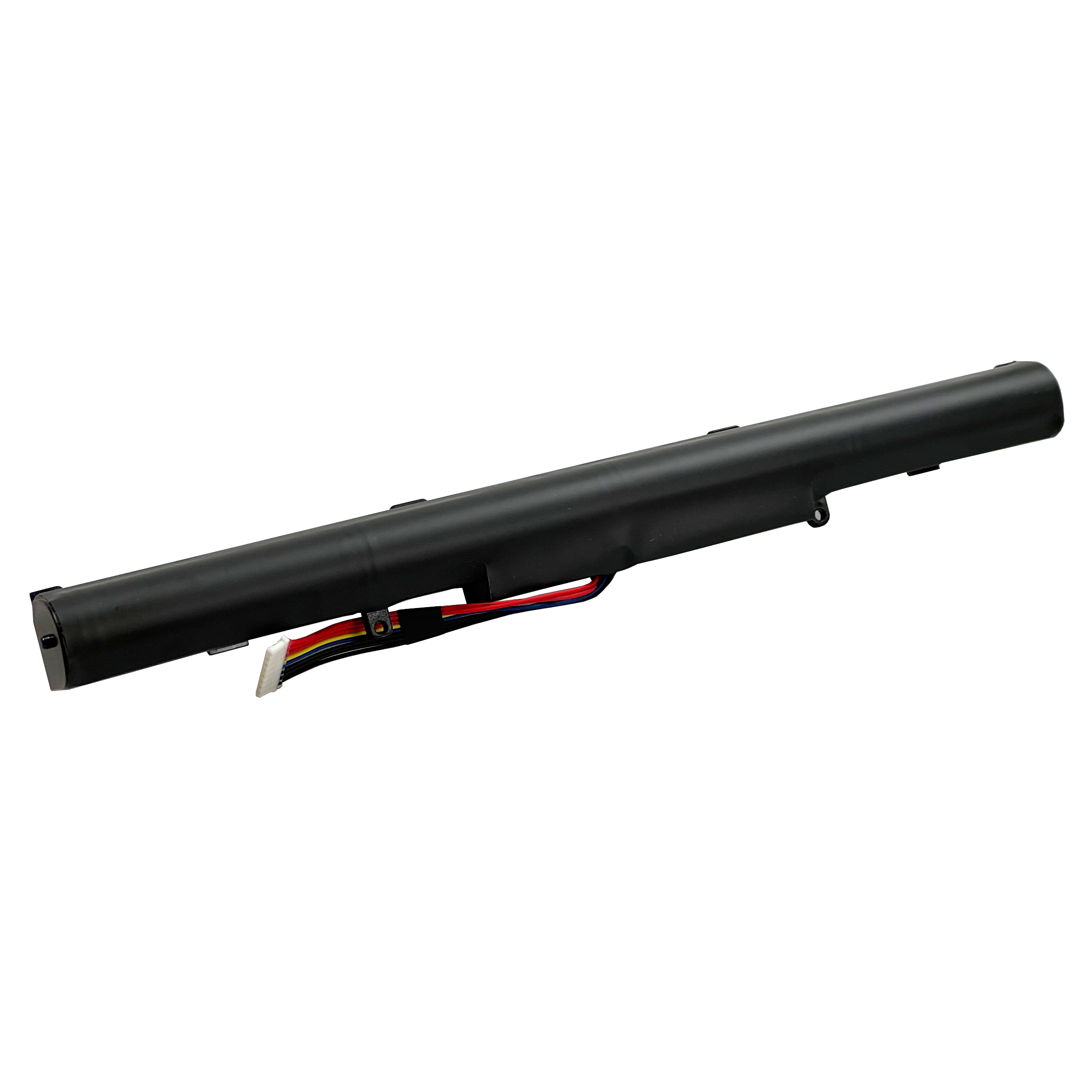 Czarna bateria do laptopa z przewodami, na białym tle.