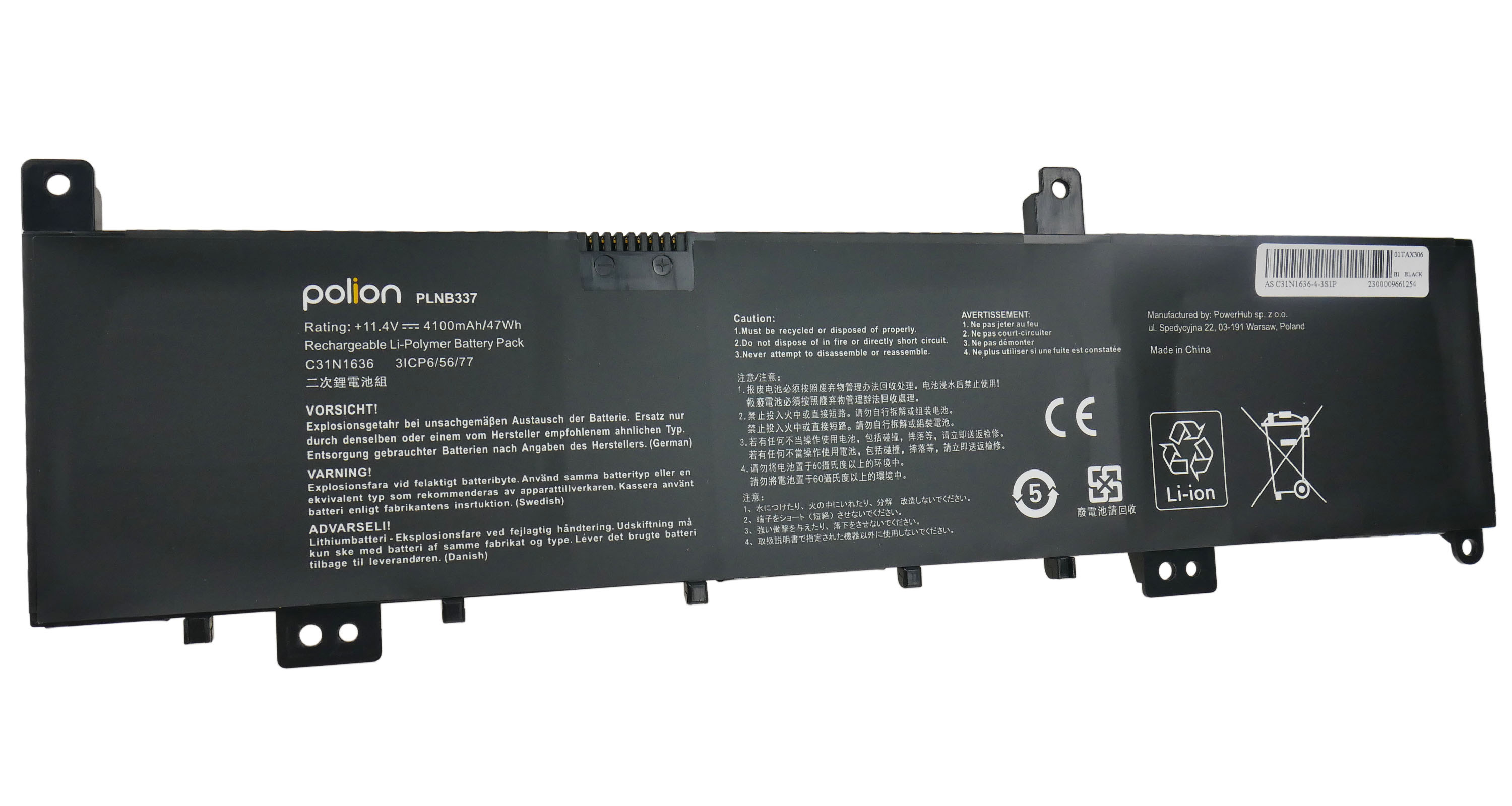 Czarna bateria laptopa Li-ion z ostrzeżeniami i symbolami recyklingu.