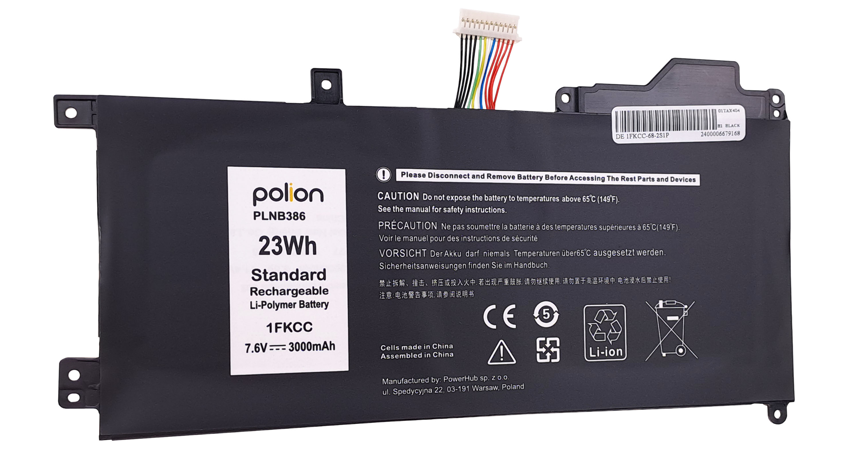 Czarna bateria do laptopa, 23Wh, 7.6V, 3000mAh, marka Polion, model PLNB386.