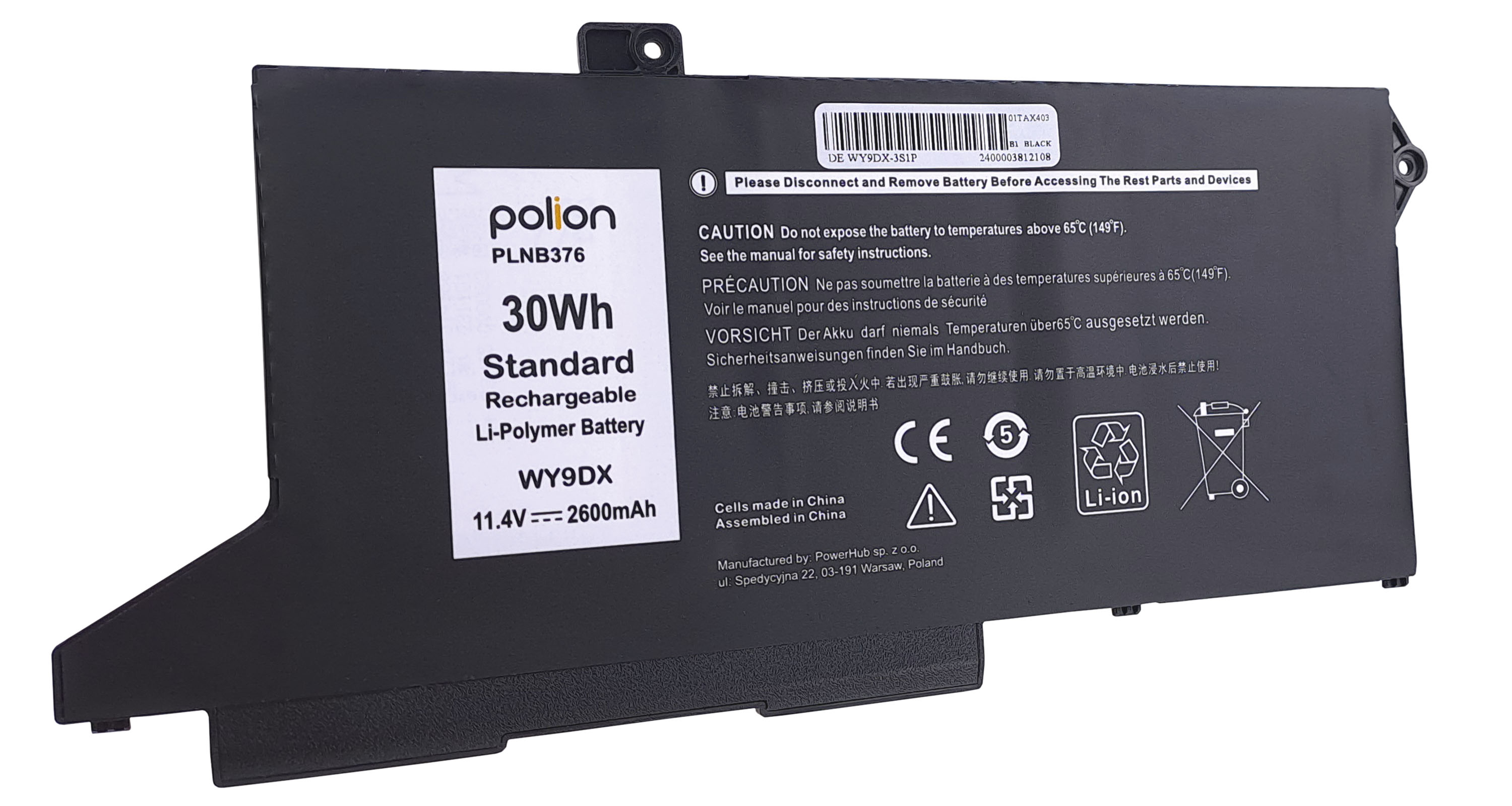 Czarna bateria do laptopa z etykietami i symbolami ostrzegawczymi. 30Wh, 11.4V, 2600mAh.