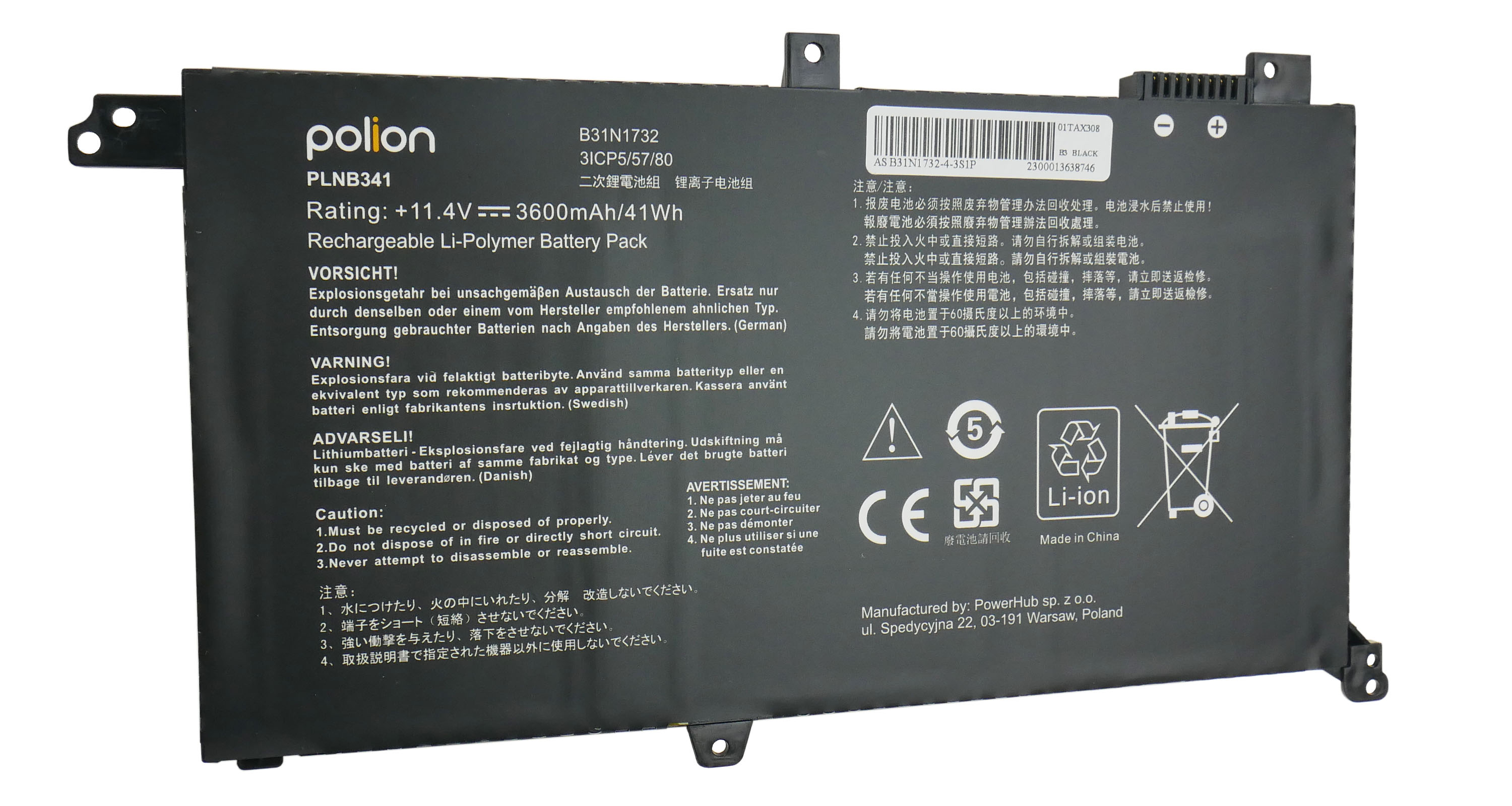 Czarna bateria Li-Polymer z logo Polion, model PLNB341, 11.4V, 3600mAh.