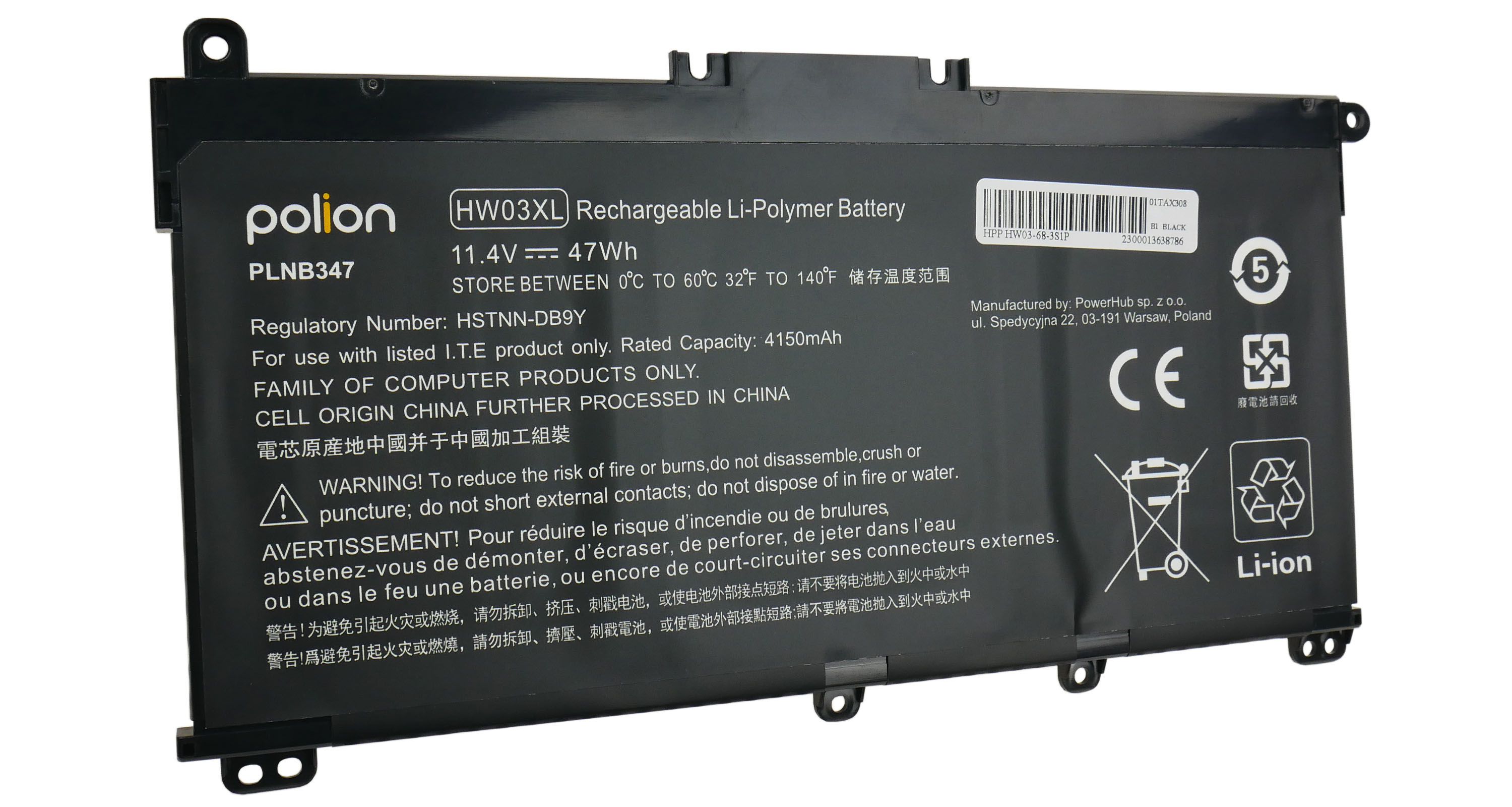 Czarna bateria litowo-jonowa z logo Polion, szczegółami i ostrzeżeniami.