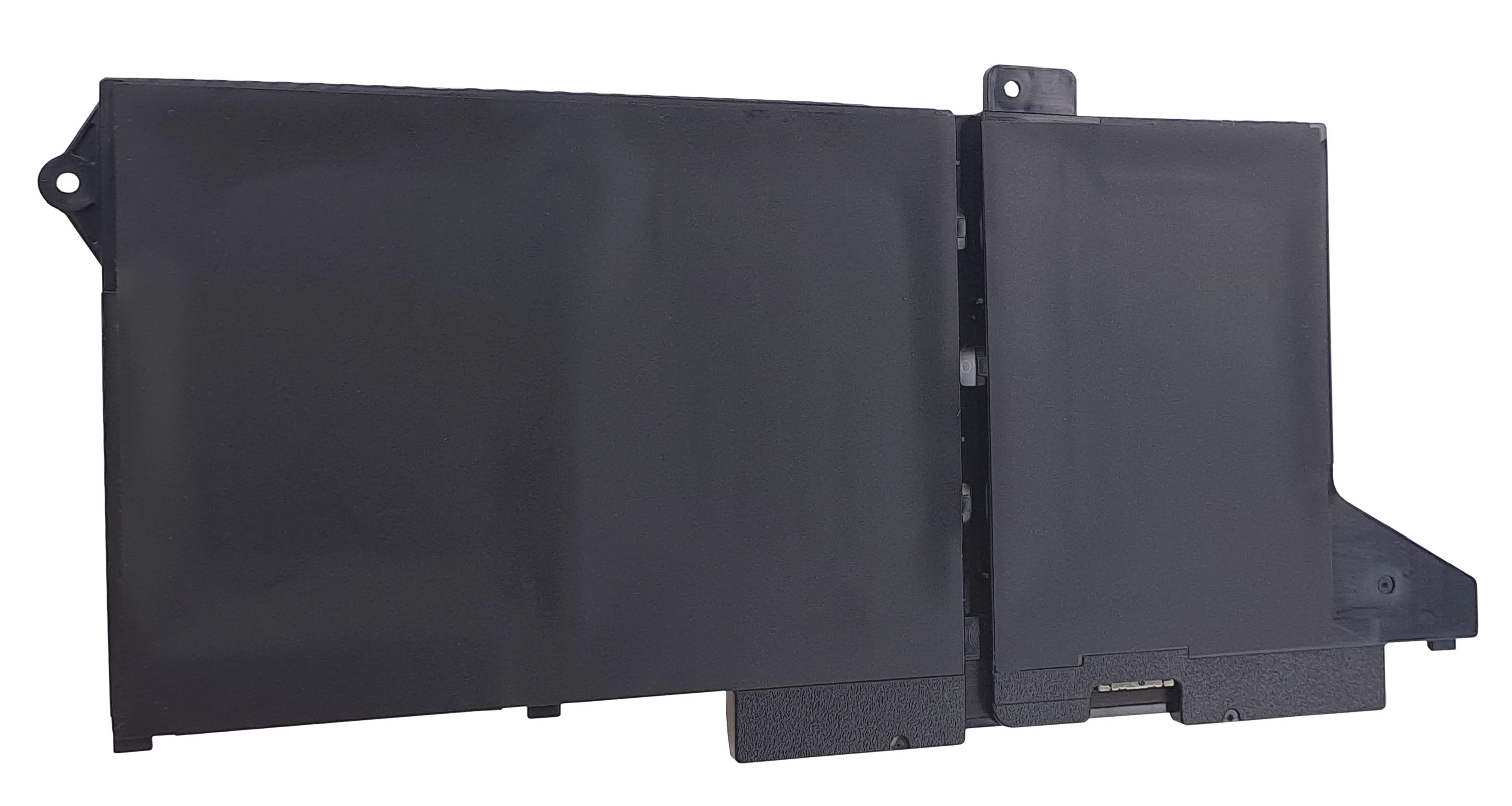 Czarna bateria do laptopa z dwiema głównymi sekcjami i otworami montażowymi.