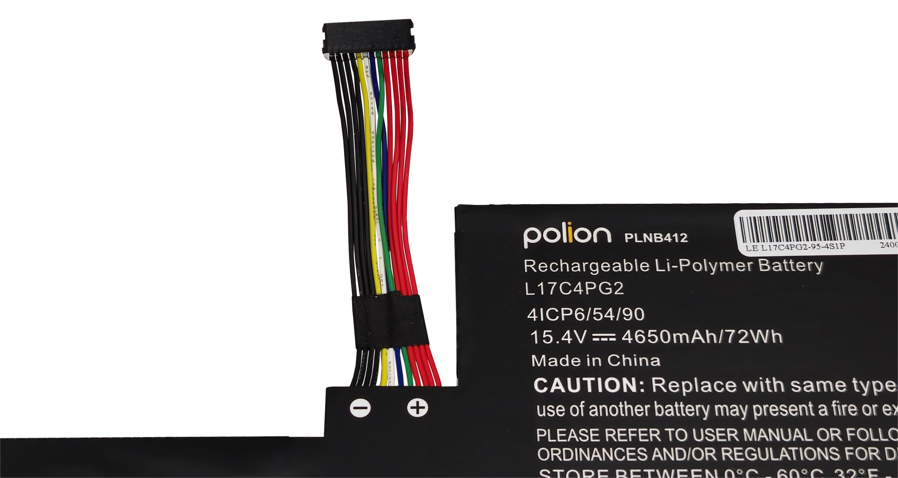 Czarny akumulator Li-Polimerowy z przewodami, oznaczony Polion PLNB412, 15,4V.