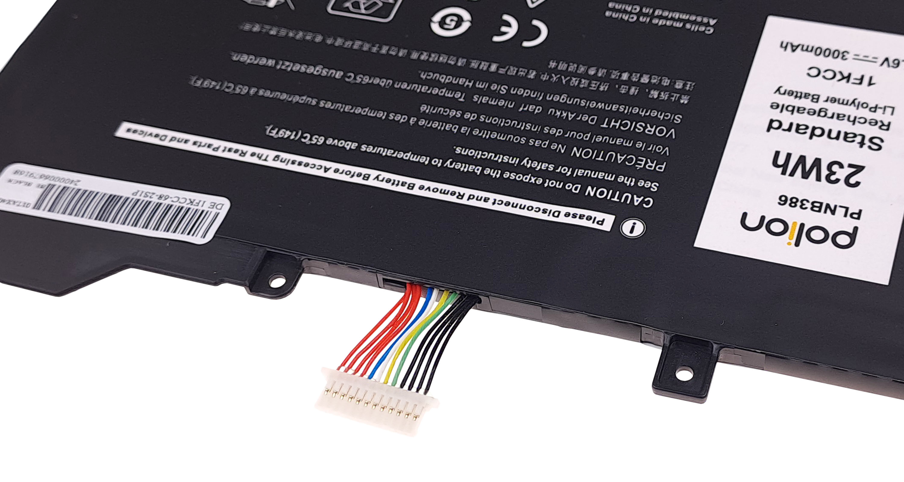 Czarna bateria litowo-polimerowa z białym etykietą 23Wh i 3000mAh.