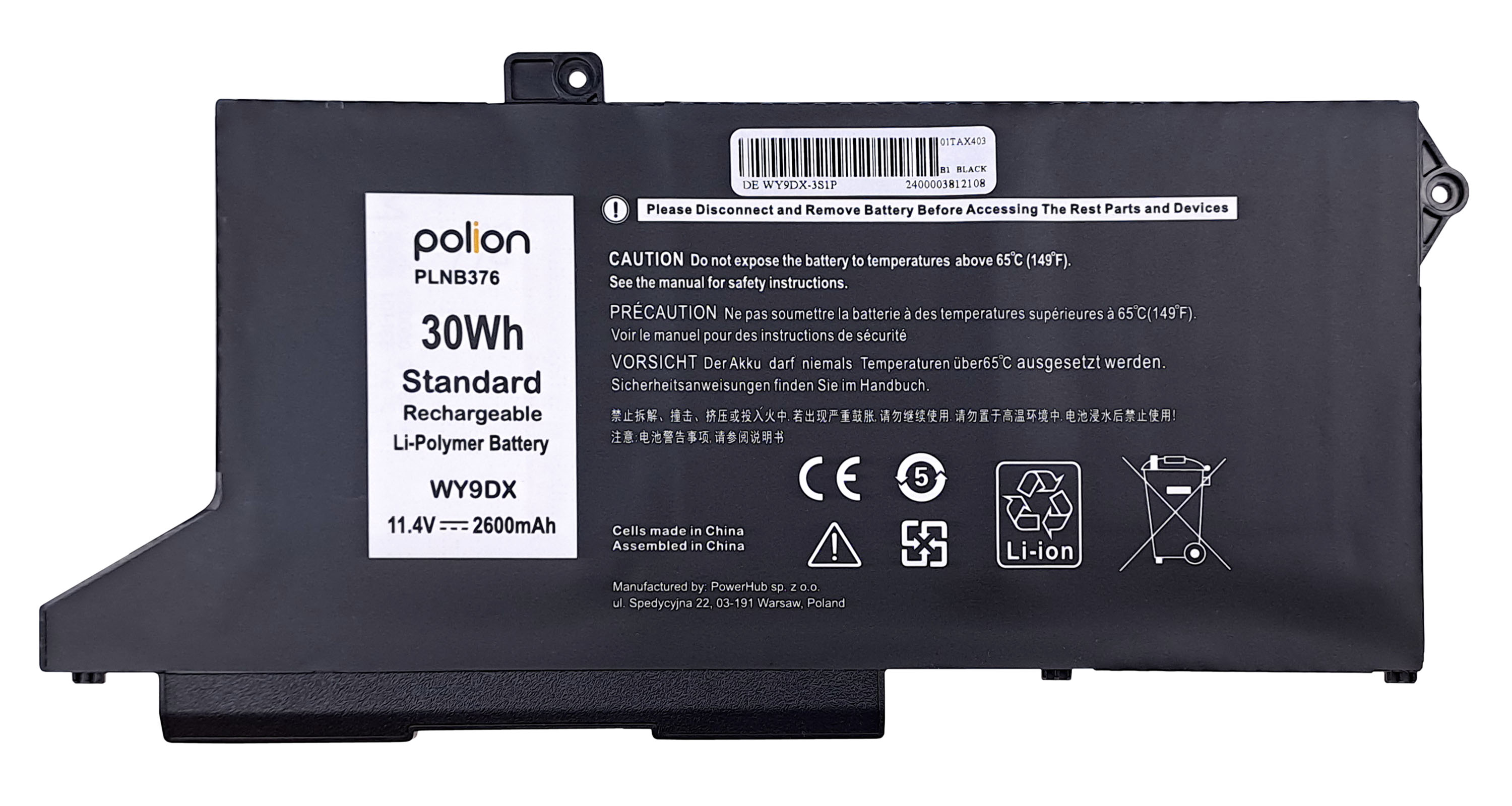 Czarna bateria Li-Polimer 30Wh, 11.4V, 2600mAh, model WY9DX, polion PLNB376.