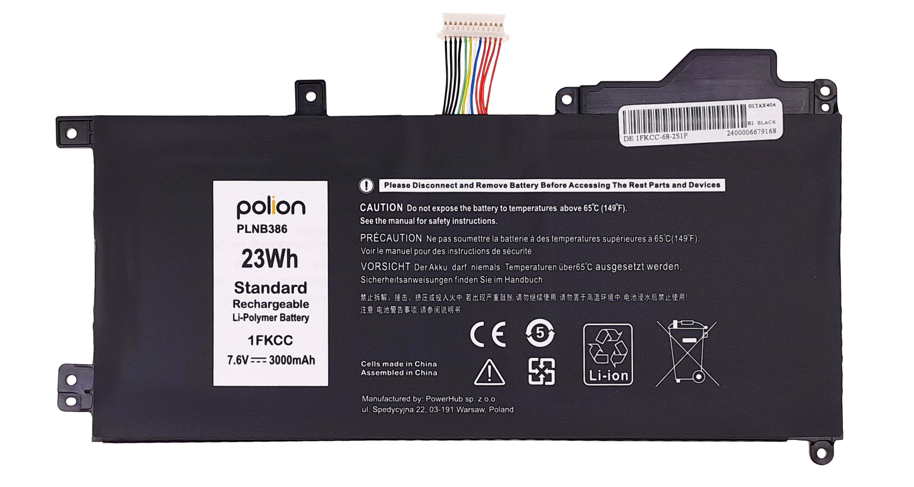 Czarna bateria Li-Polymer, 23Wh, 7.6V, 3000mAh, z kablem i etykietami ostrzegawczymi.