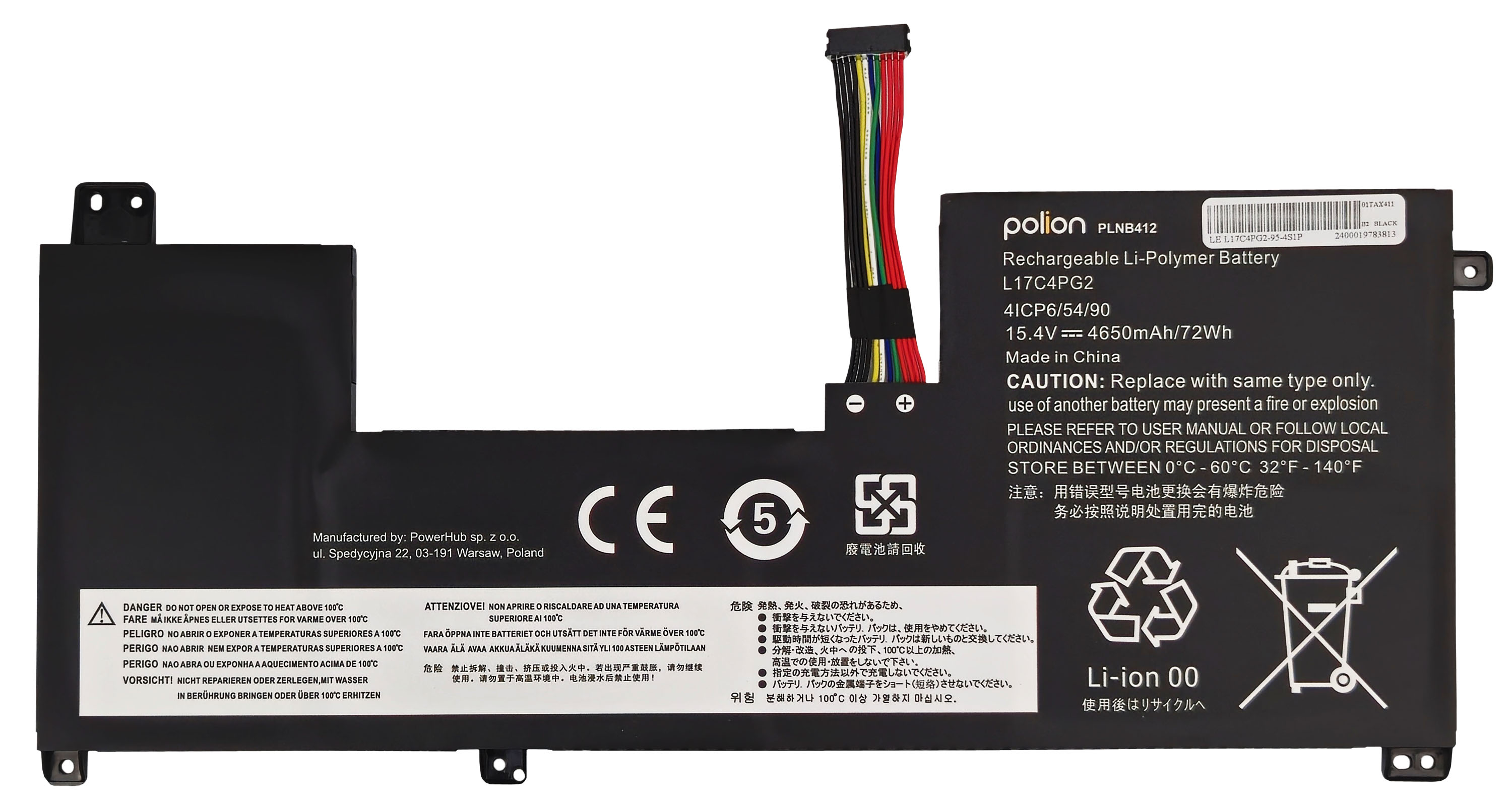 Czarny akumulator Li-Polimer z kablami, model PLNB412, 72Wh.