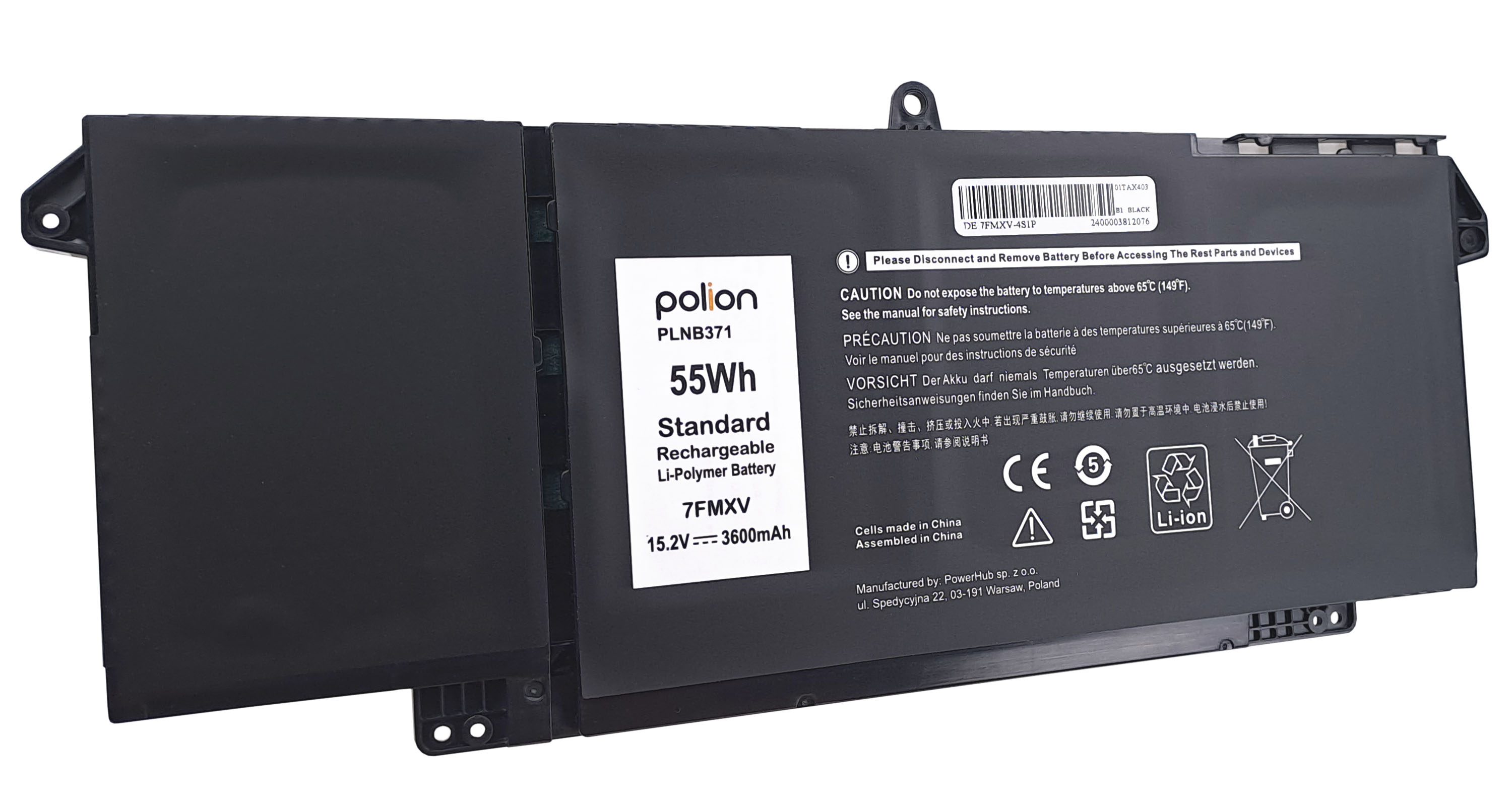 Czarna bateria Li-Polimer, 55Wh, 15.2V, pojemność 3600mAh, wyprodukowano w Chinach.