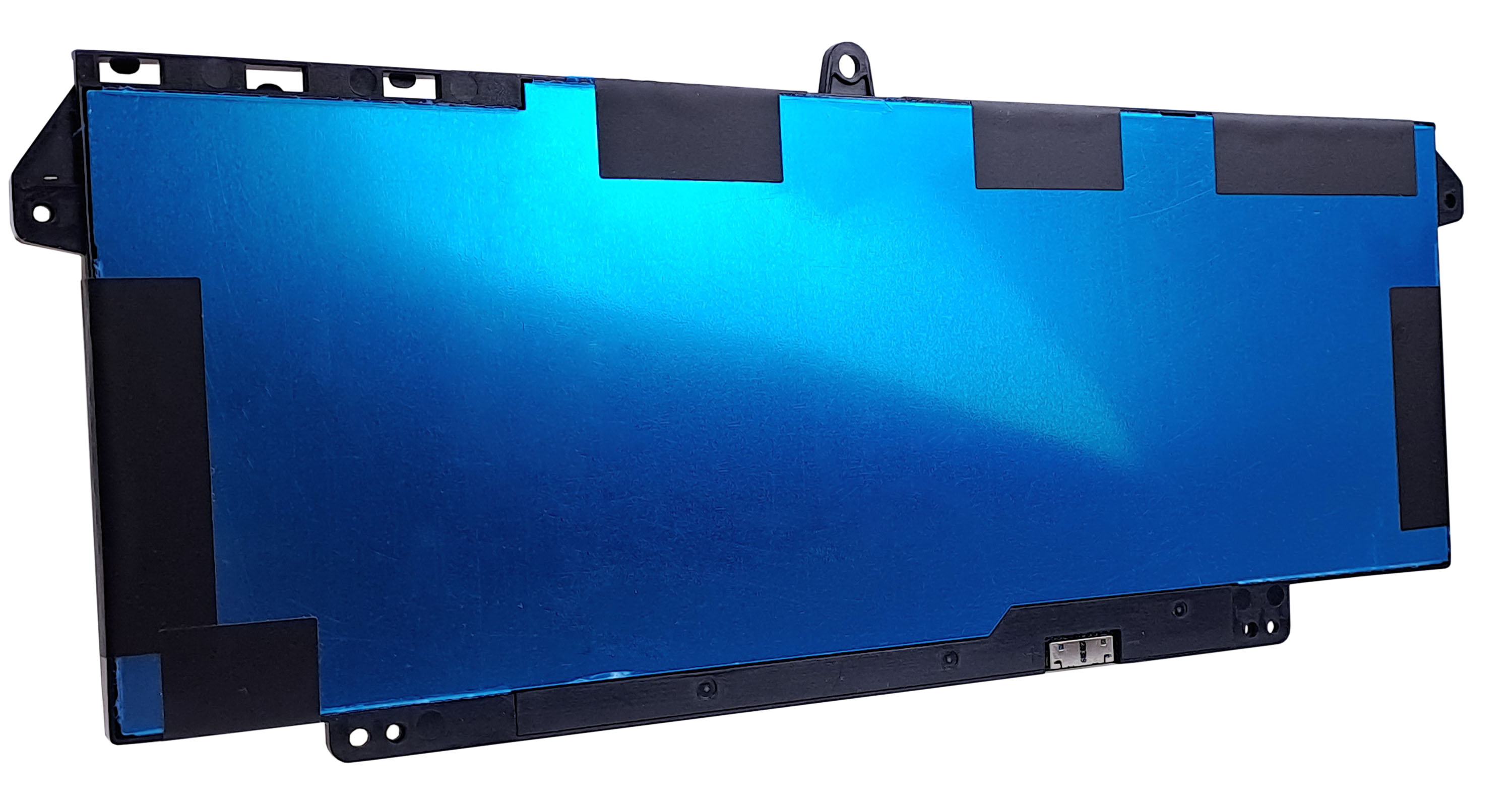 Bateria laptopa z niebieską metalową folią i czarnymi wspornikami.