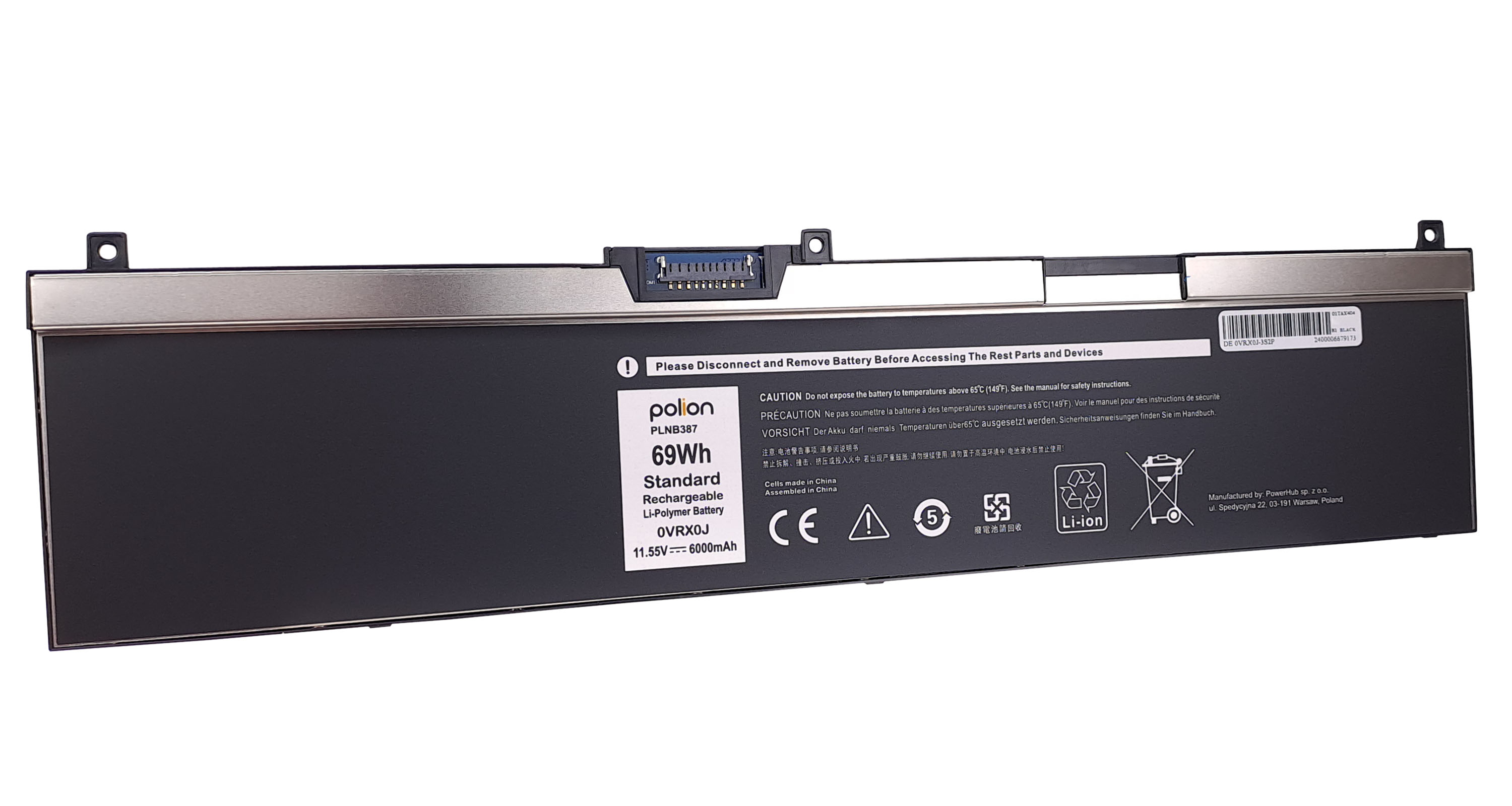 Czarny akumulator do laptopa z logo polion, 69Wh, 11.55V, 6000mAh.