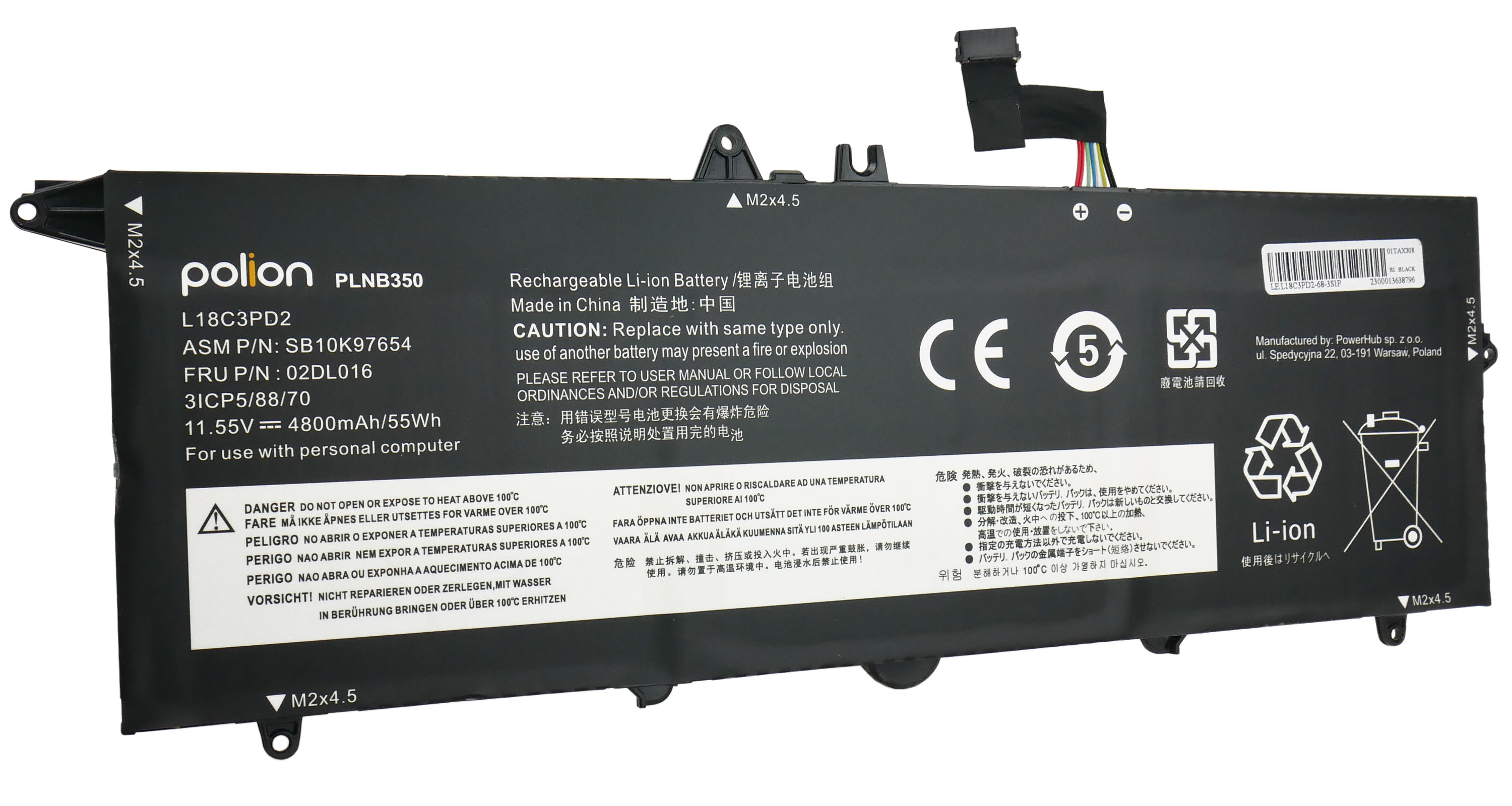 Czarna bateria litowo-jonowa Polion do laptopa, model PLNB350, 11.55V, 4800mAh.