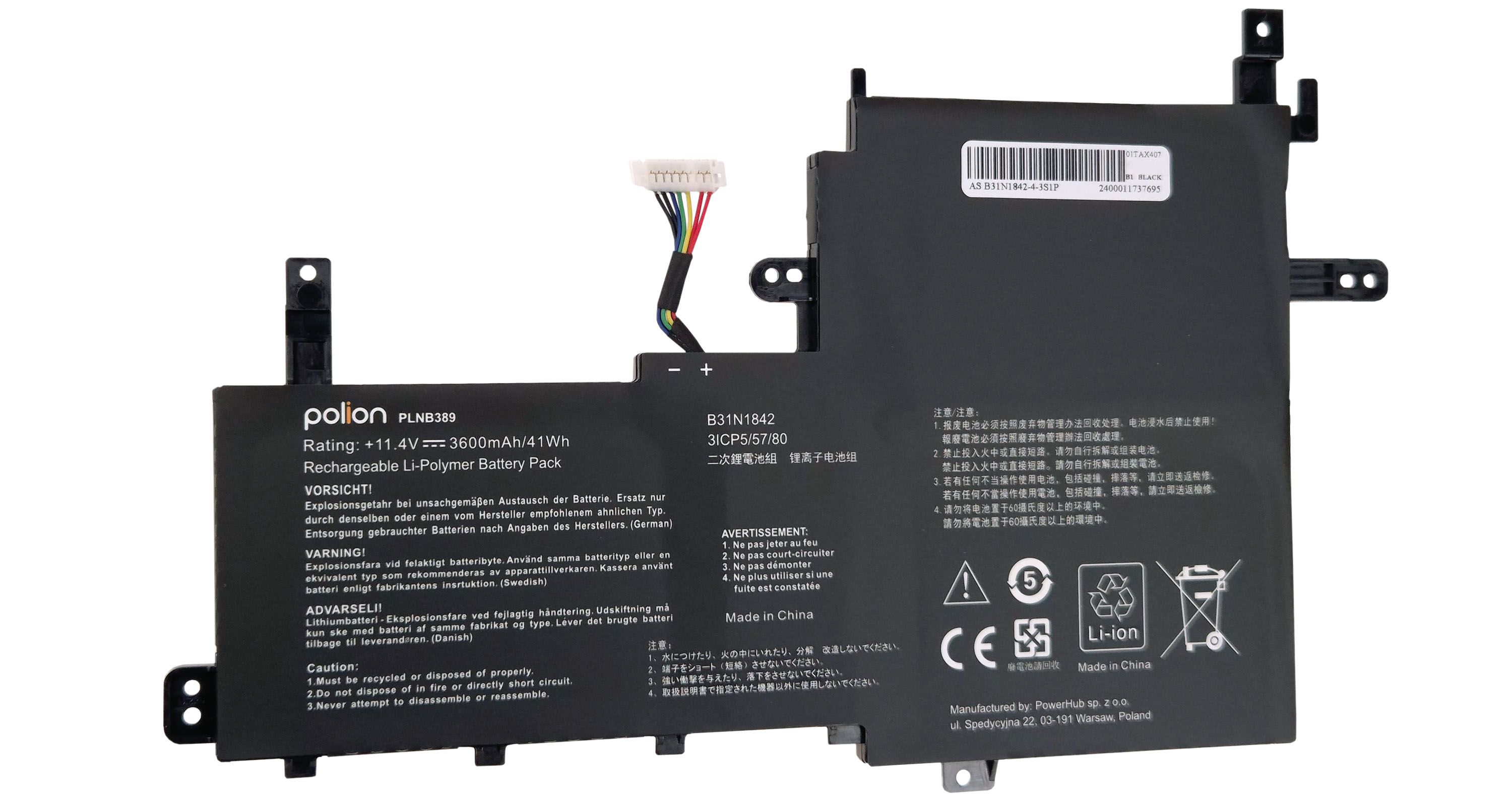 Czarny akumulator Li-Polimer z kablem i złączami. Opis 'polion'.