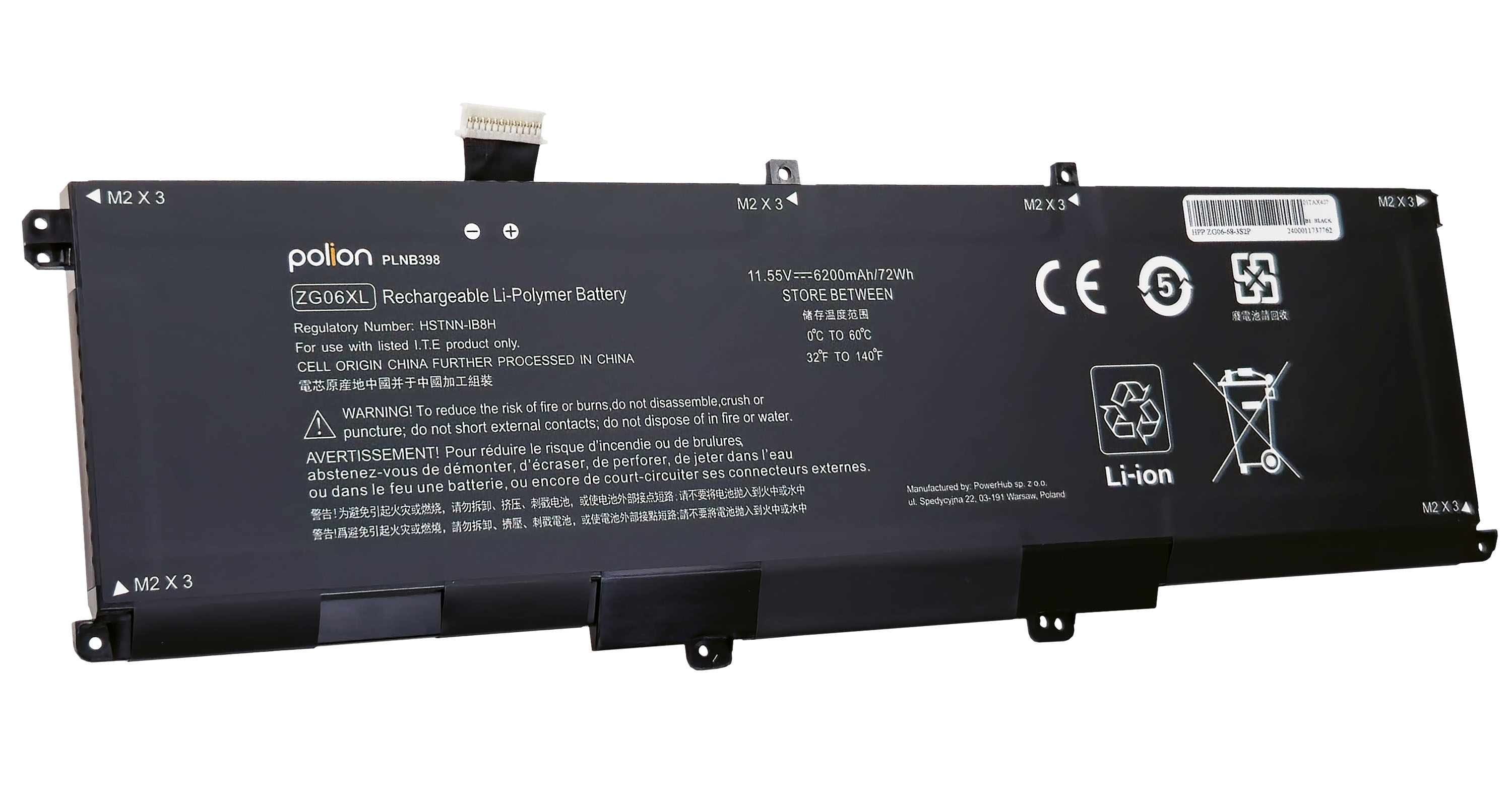 Czarny akumulator Li-Polymere z logo Polion, model PLNB398, ZG06XL.