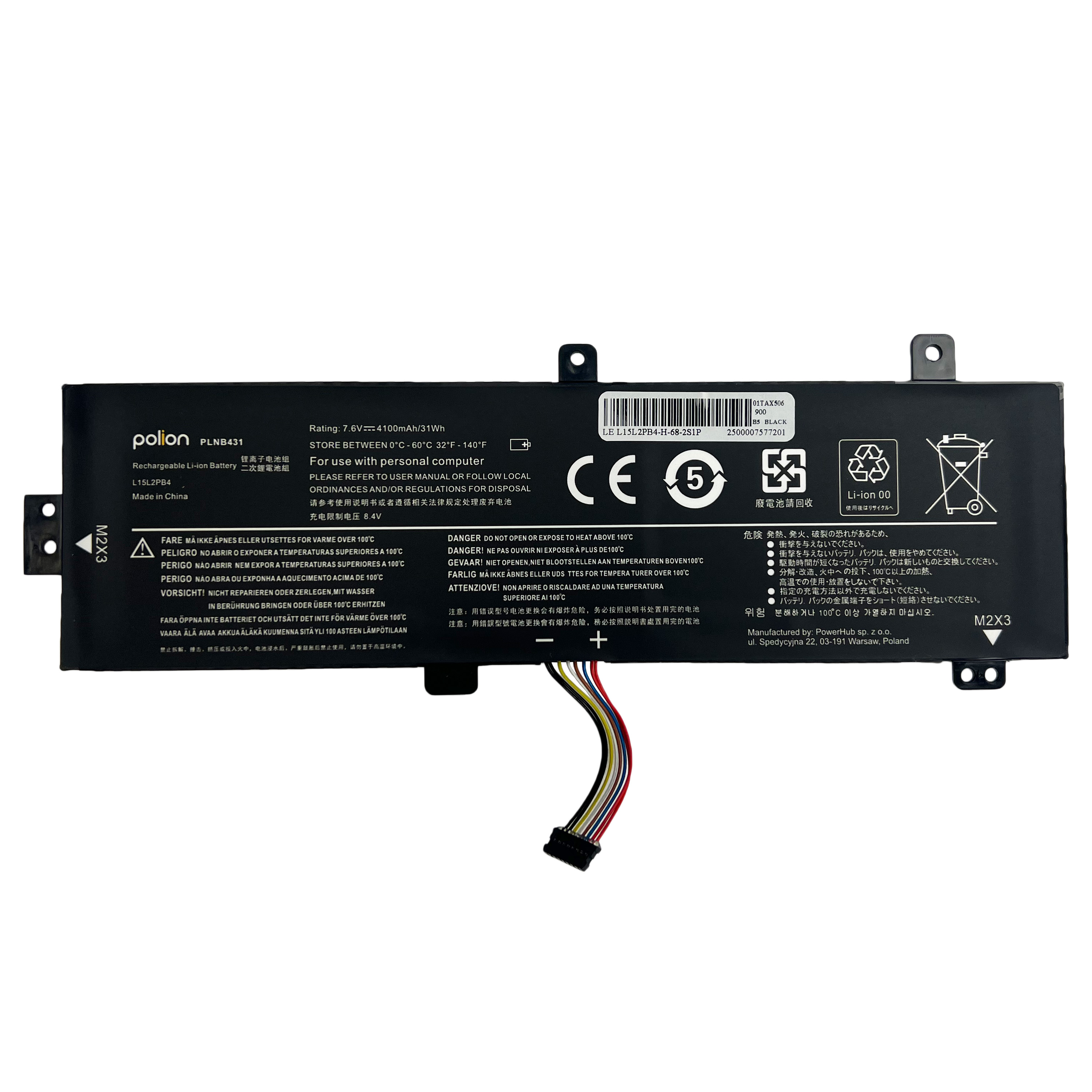 Czarna bateria do laptopa, model PLNB431, z symbolami ostrzegawczymi i kablami.