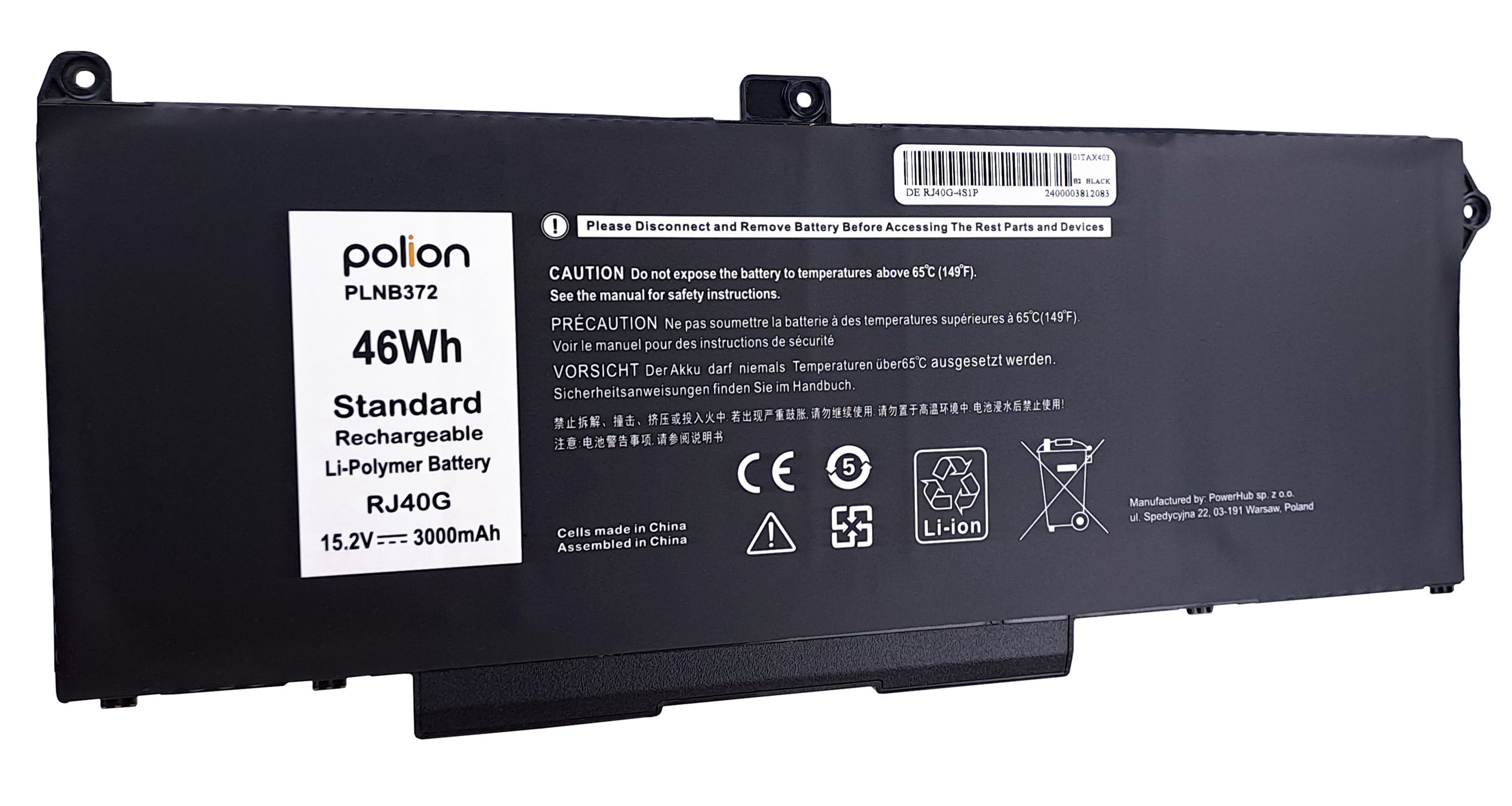 Czarna bateria do laptopa, 46Wh, 15,2V, 3000mAh, model RJ40G. Ostrzeżenia i dane producenta.