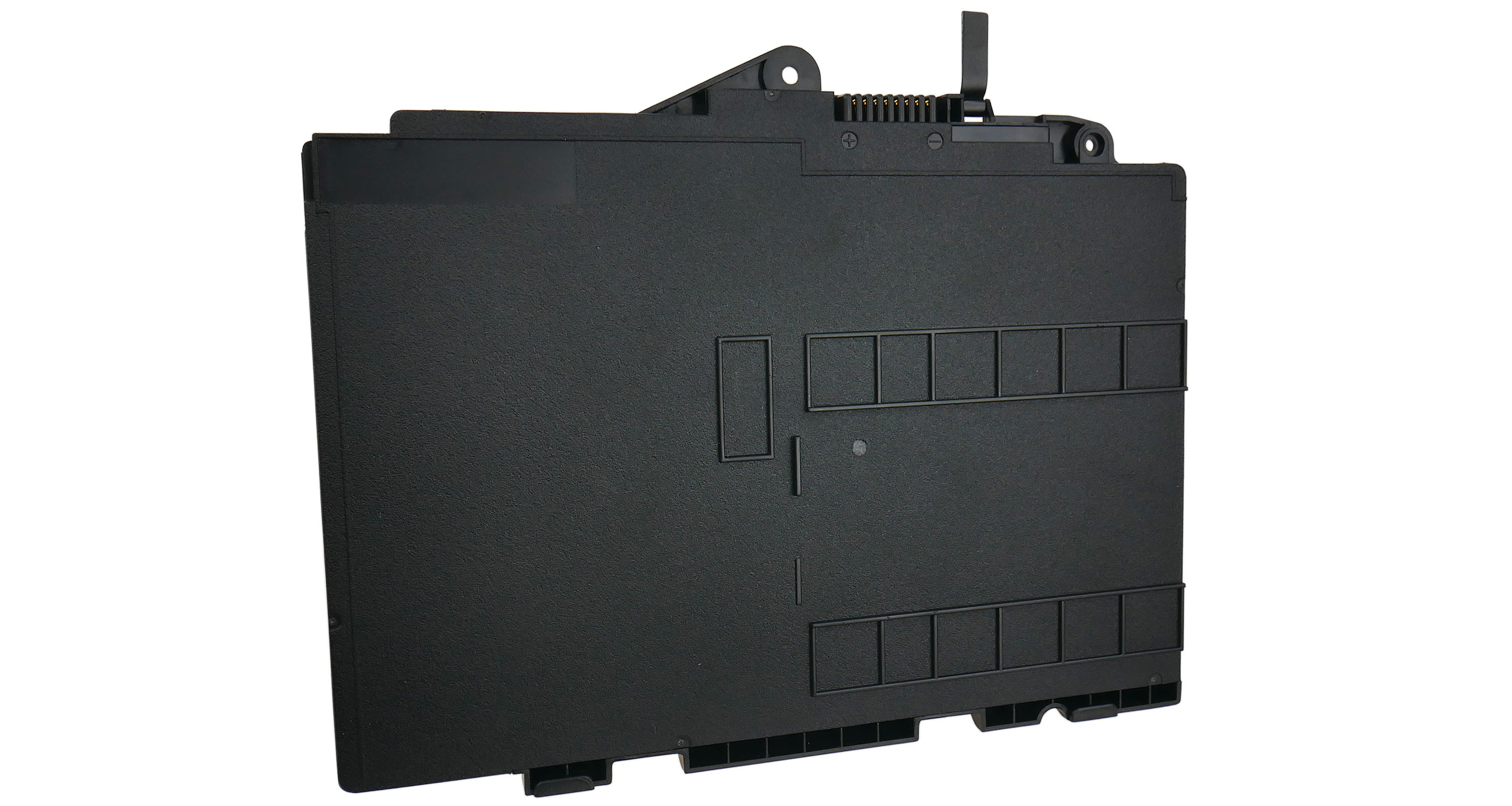 Czarny element techniczny z prostokątnymi wgłębieniami i dźwignią.