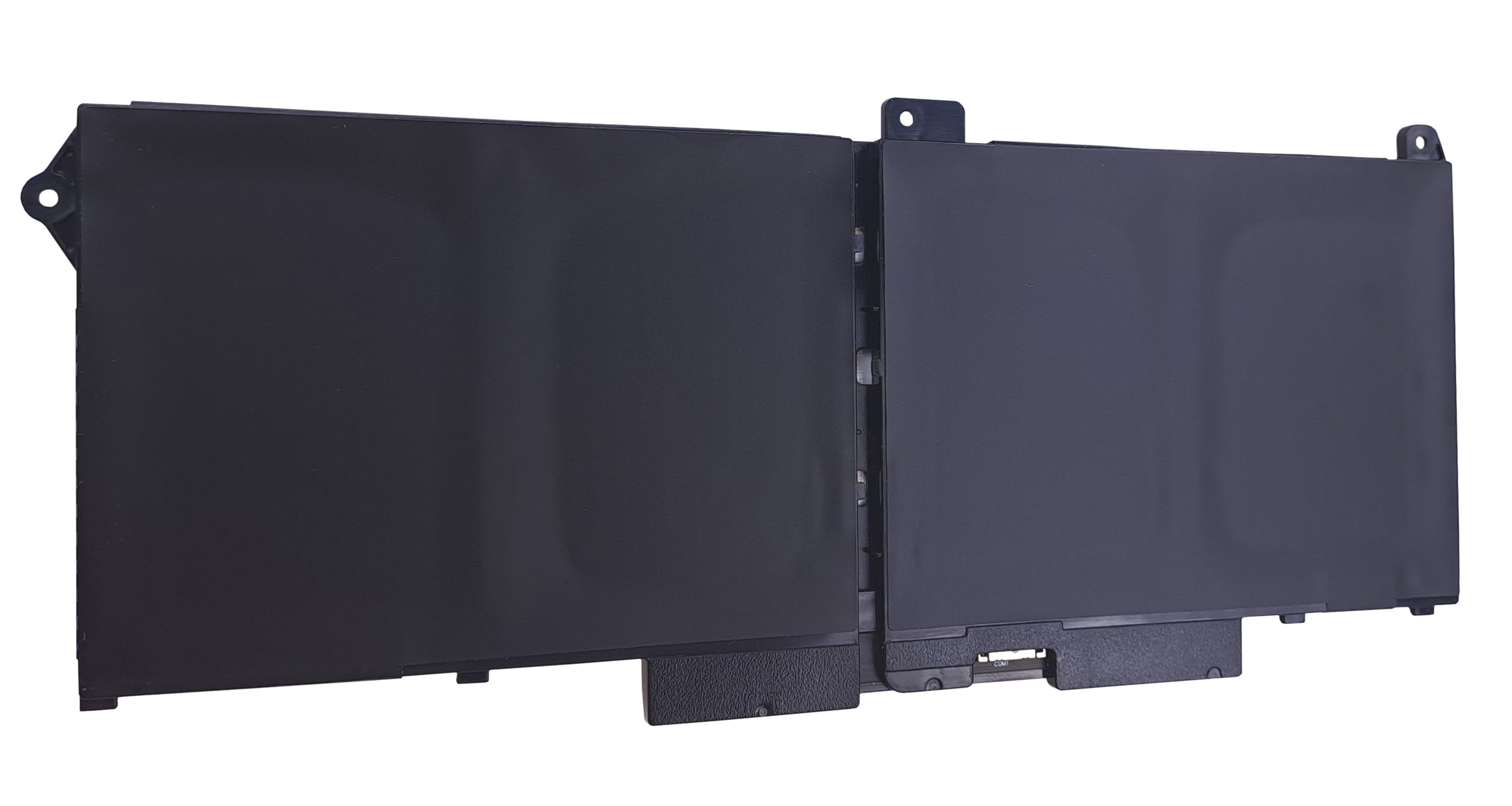 Czarna bateria do laptopa z dwoma segmentami i otworami montażowymi.