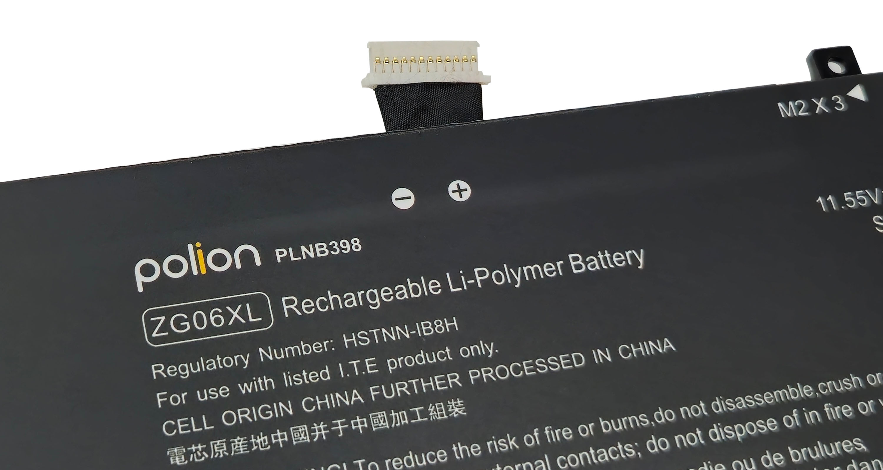 Czarna bateria litowo-polimerowa z białym napisem i kablem.