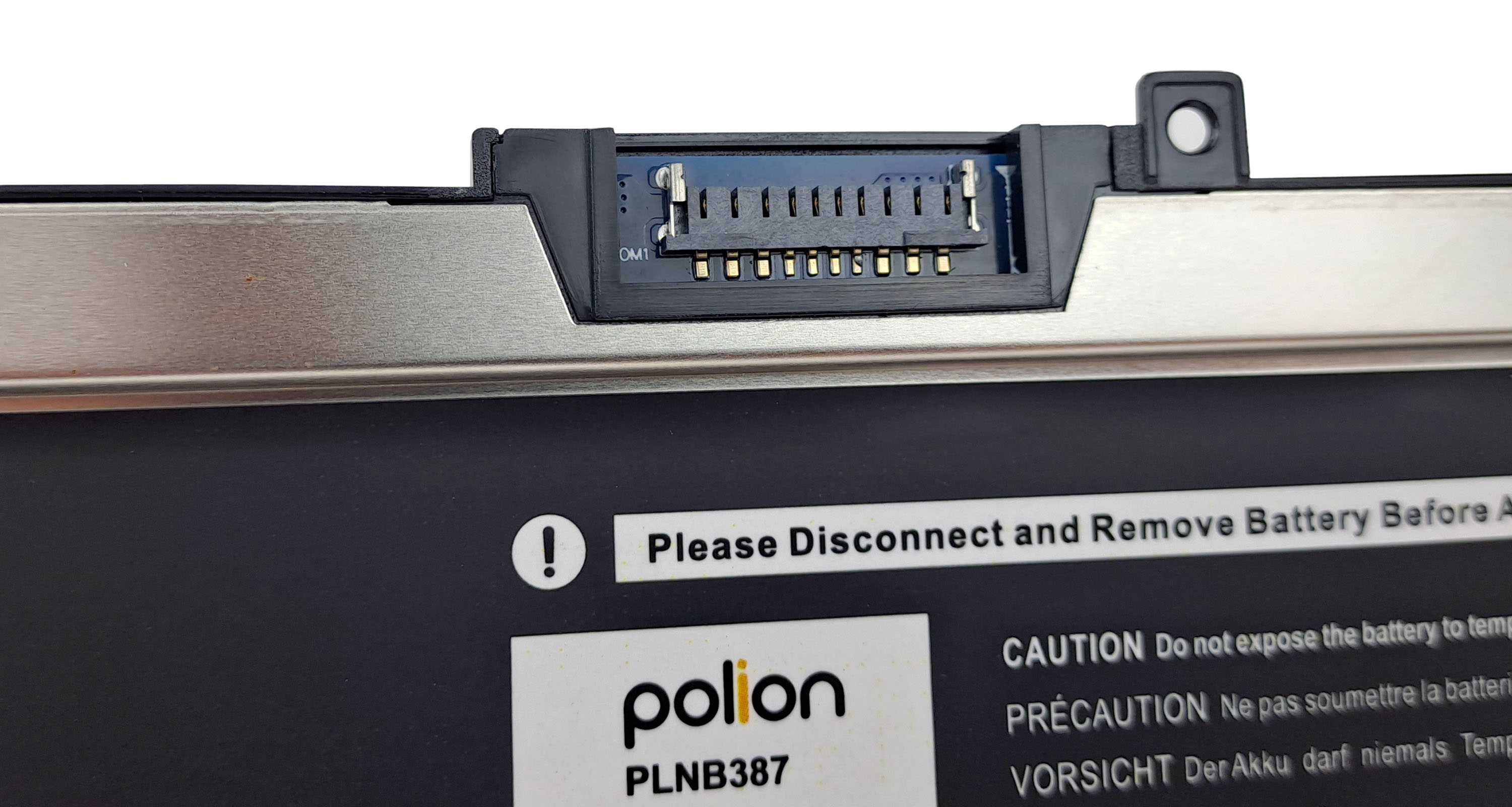 Bateria laptopa z 15-pinowym złączem i etykietami ostrzegawczymi.