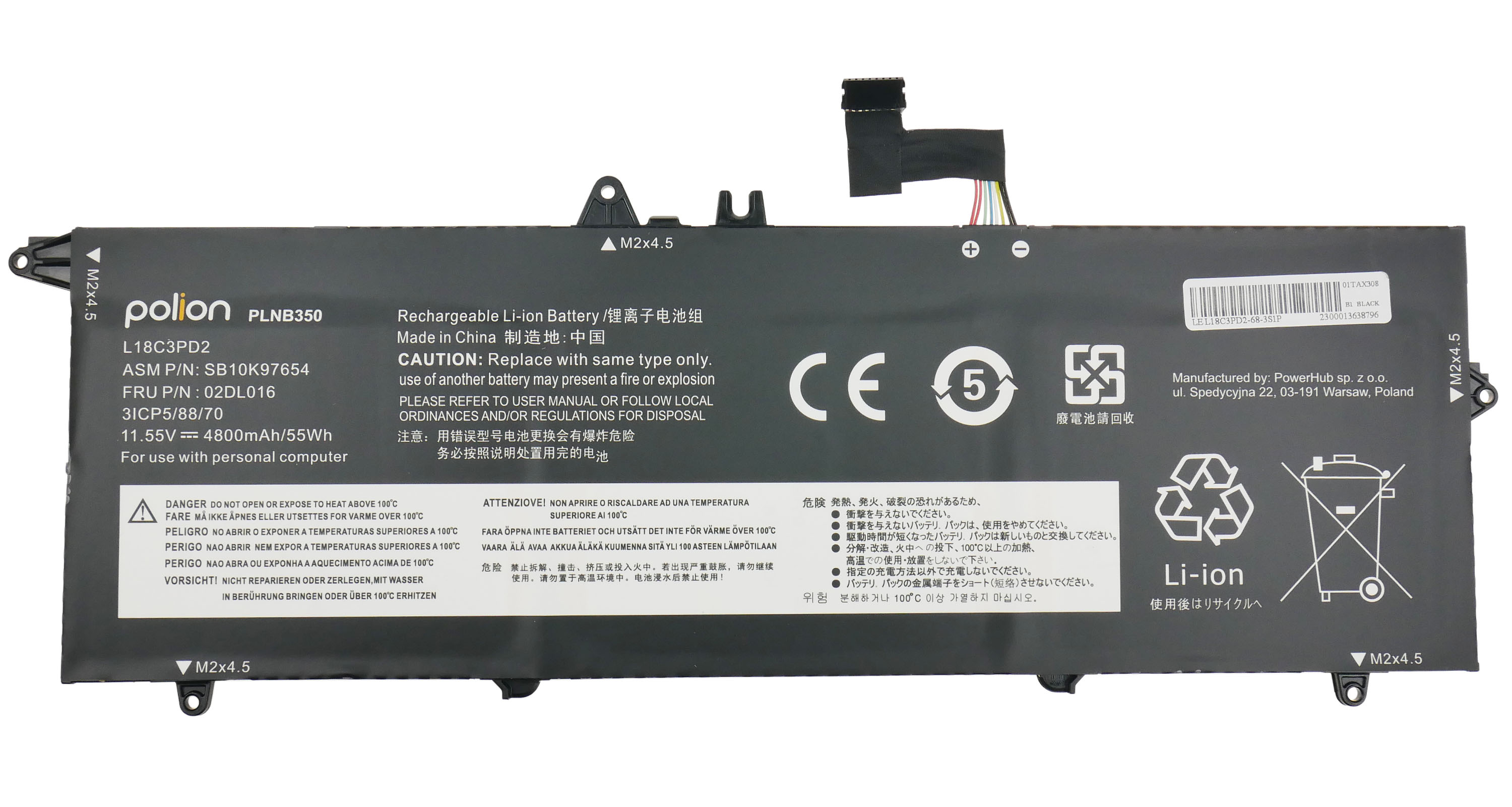 Czarna bateria Li-ion z logo Polion, model PLNB350, L18C3PD2.