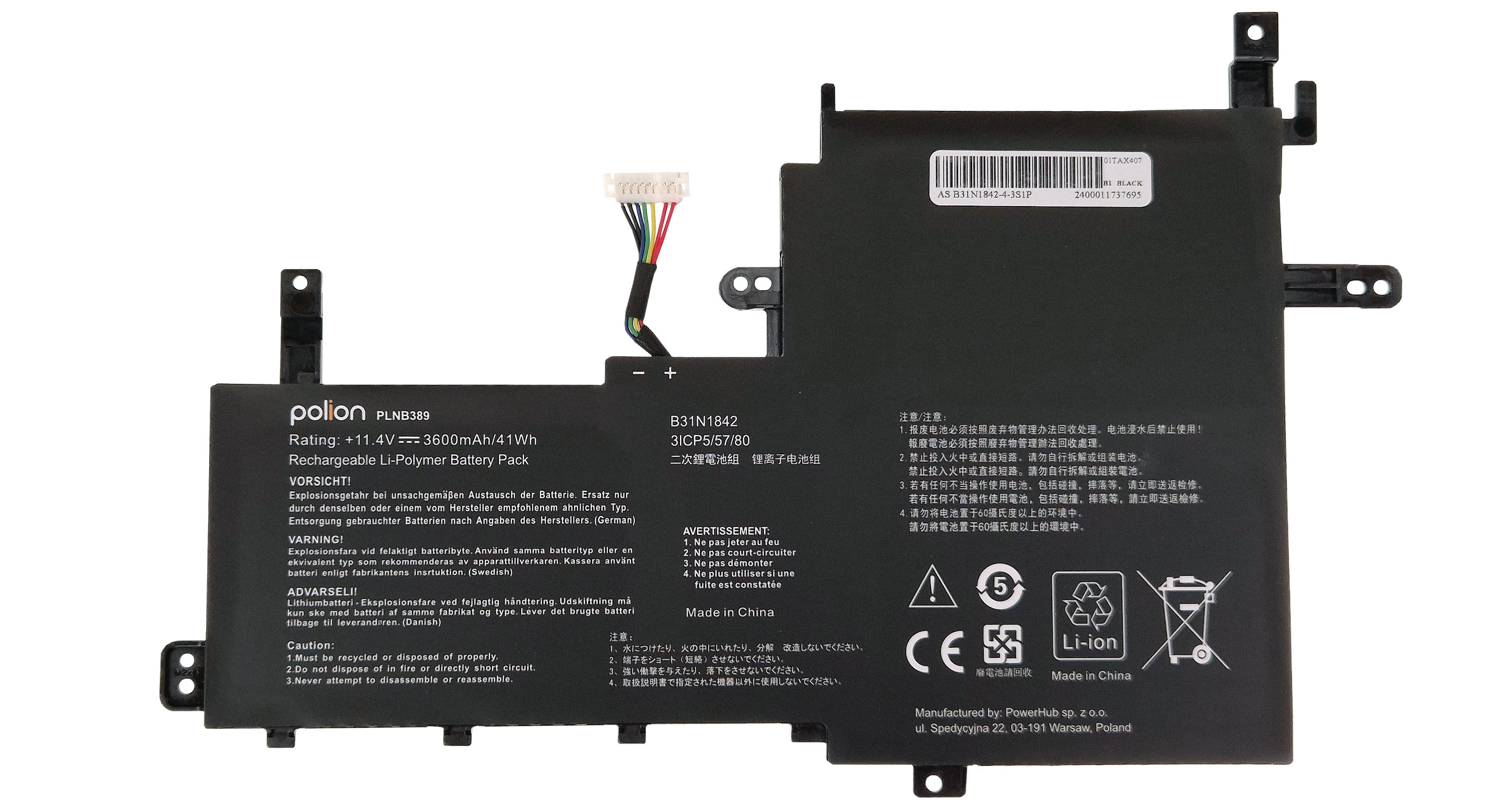 Czarna bateria do laptopa, model PLNB389, 11.4V, 3600mAh, Li-Polimer.