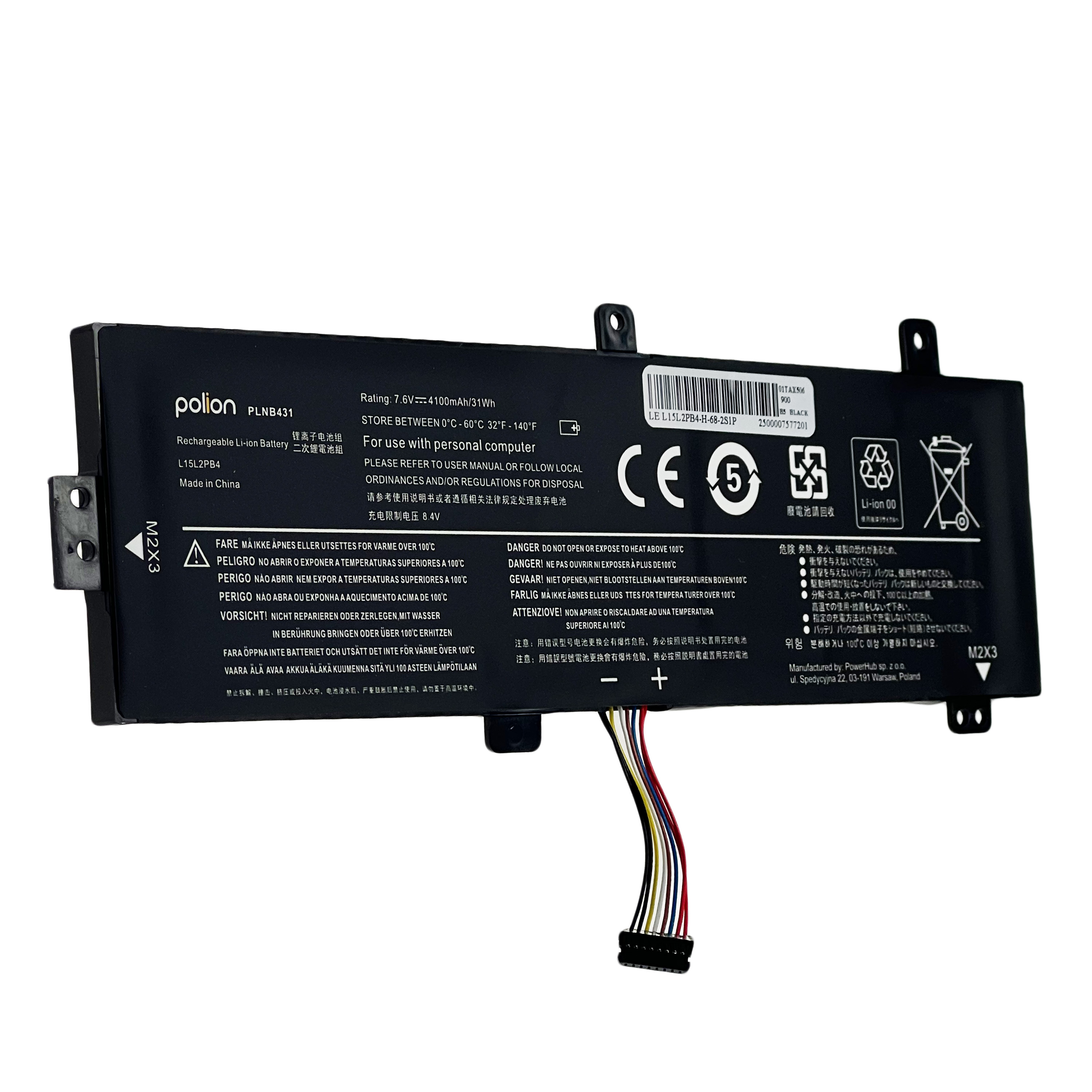 Czarny akumulator do laptopa z etykietami, złączami i kablami.