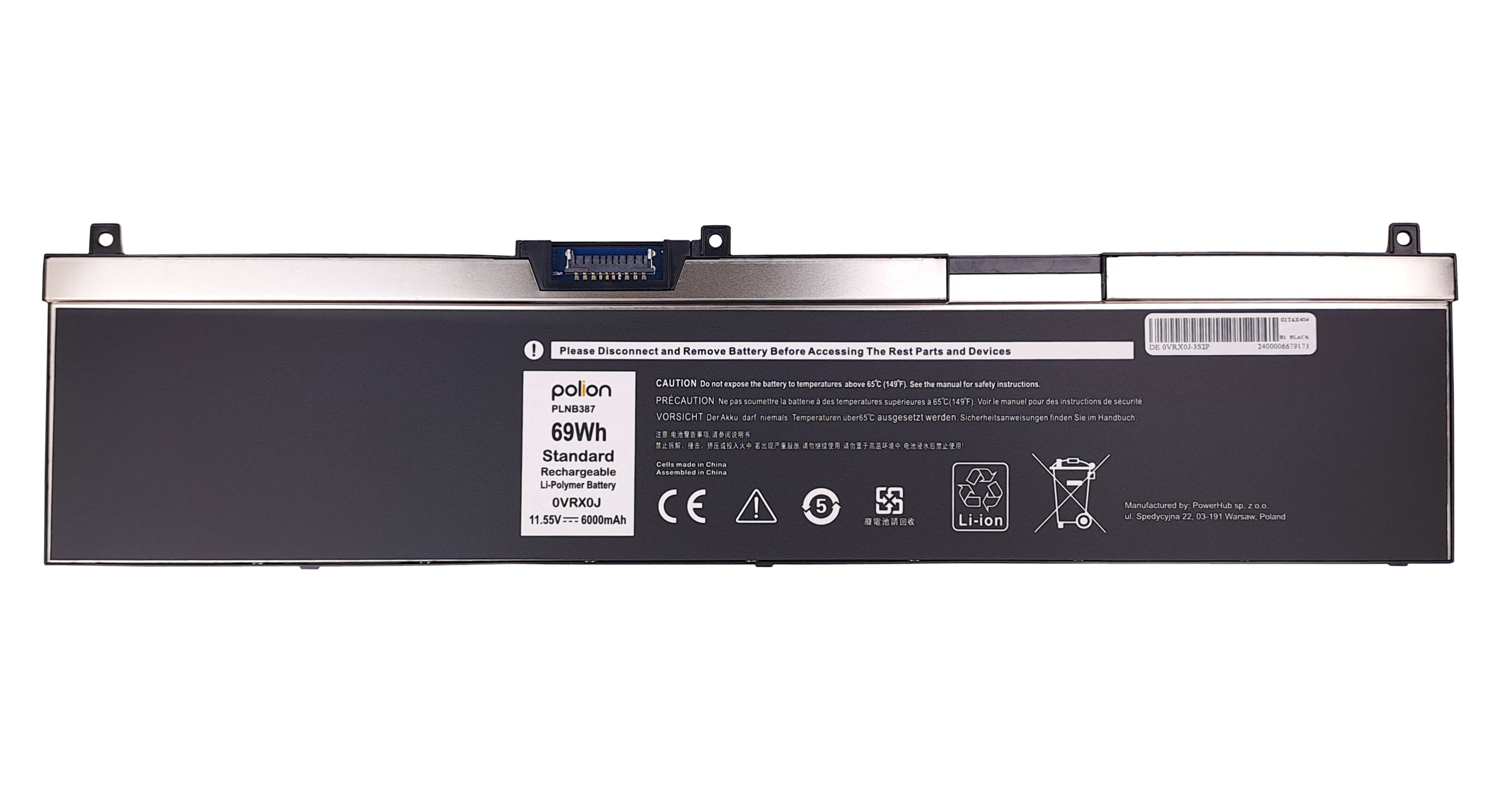 Czarna bateria do laptopa ze srebrnymi złączami i etykietami ostrzegawczymi.