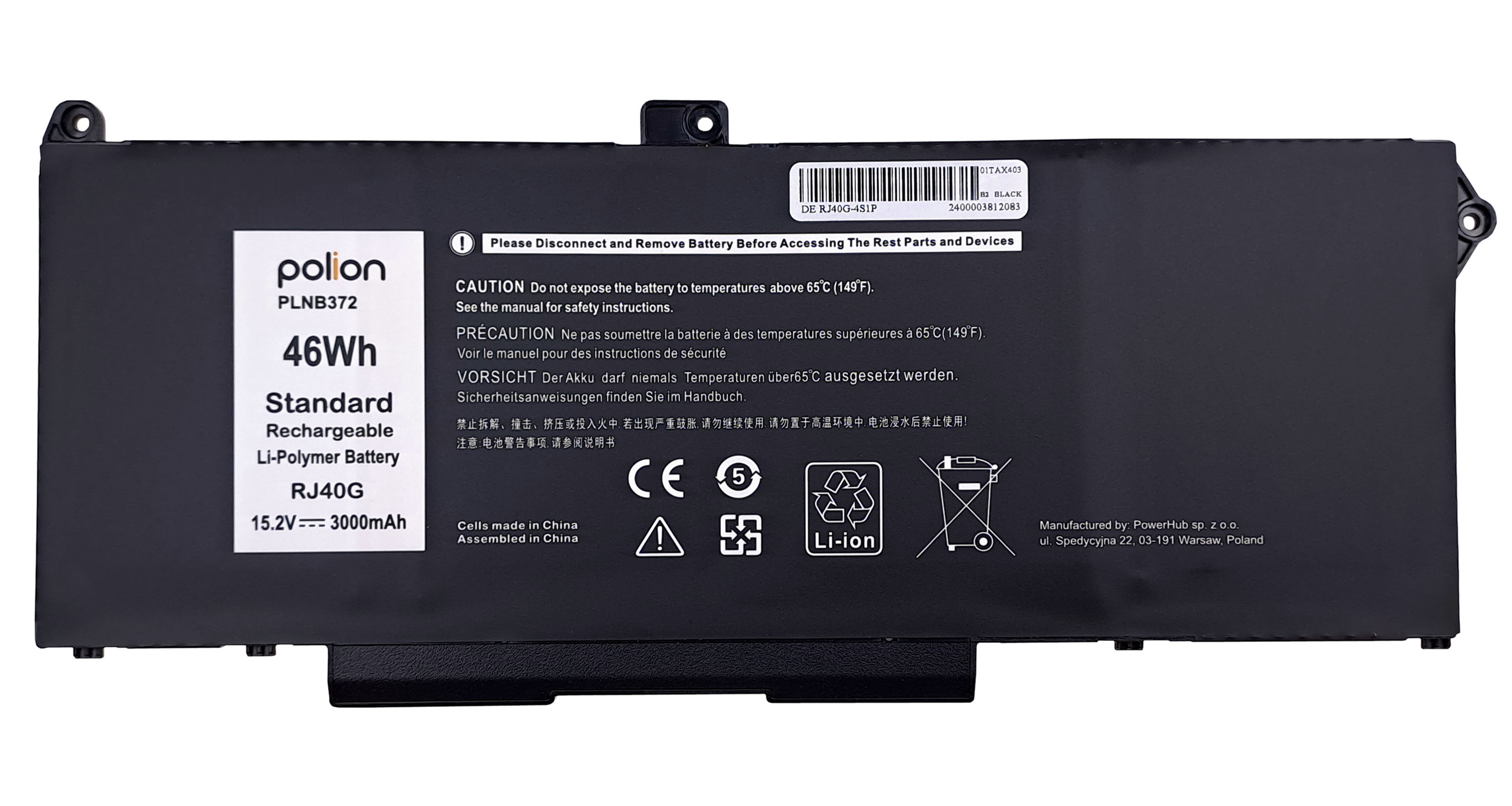 Czarna bateria Li-Polimer, 46Wh, 15.2V, 3000mAh, model RJ40G.