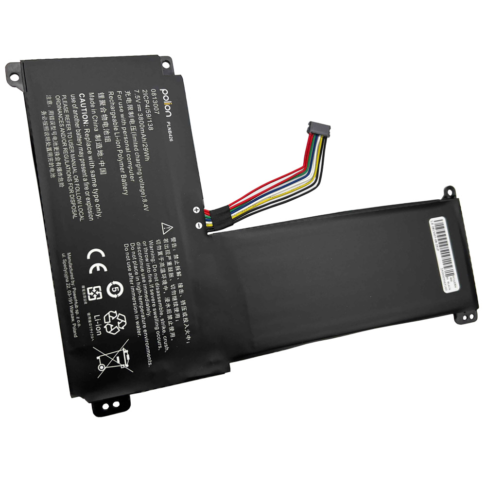 Czarna bateria do laptopa z przewodami i etykietami ostrzegawczymi.