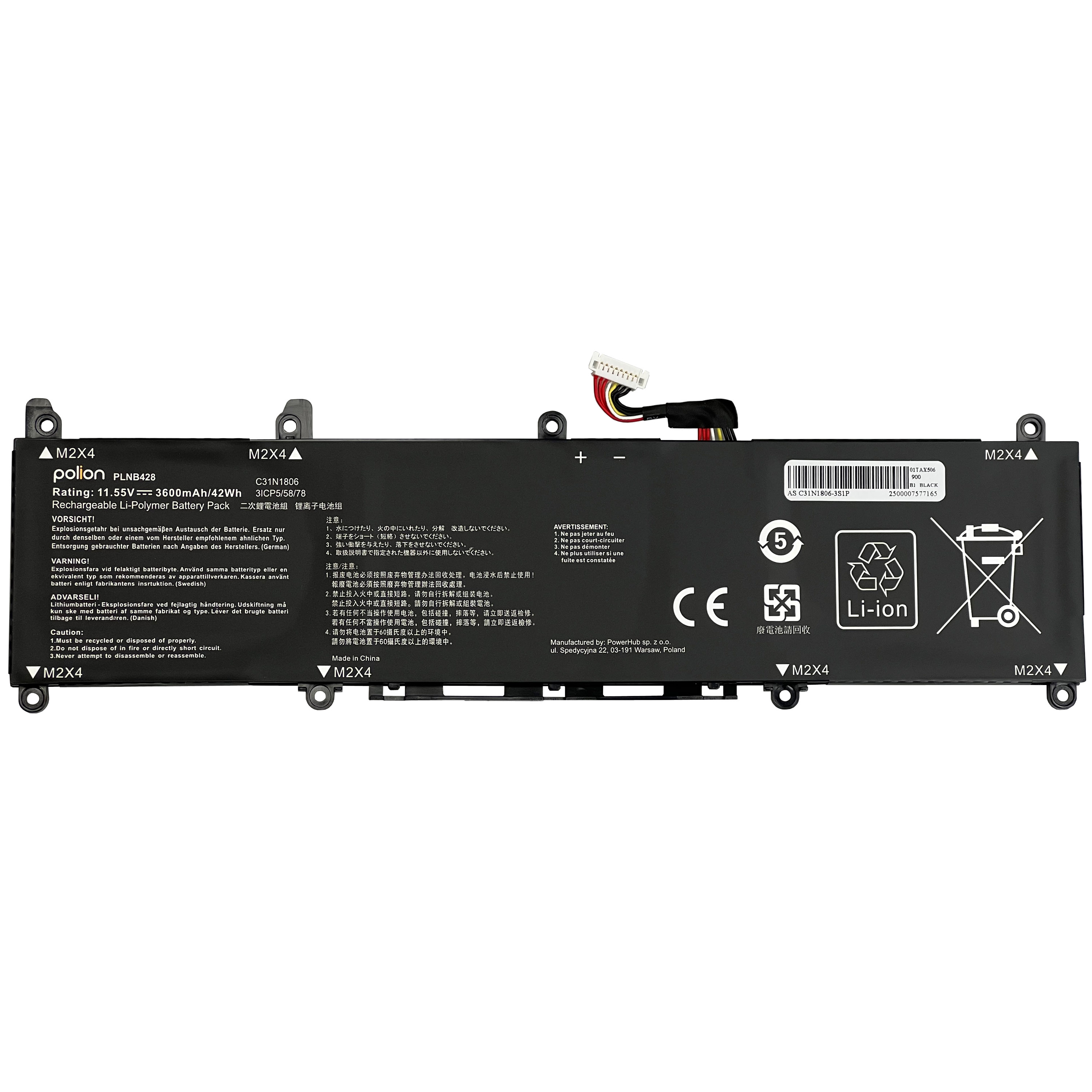 Czarny akumulator Li-Polimer z kablem połączeniowym, etykietami i ostrzeżeniami.