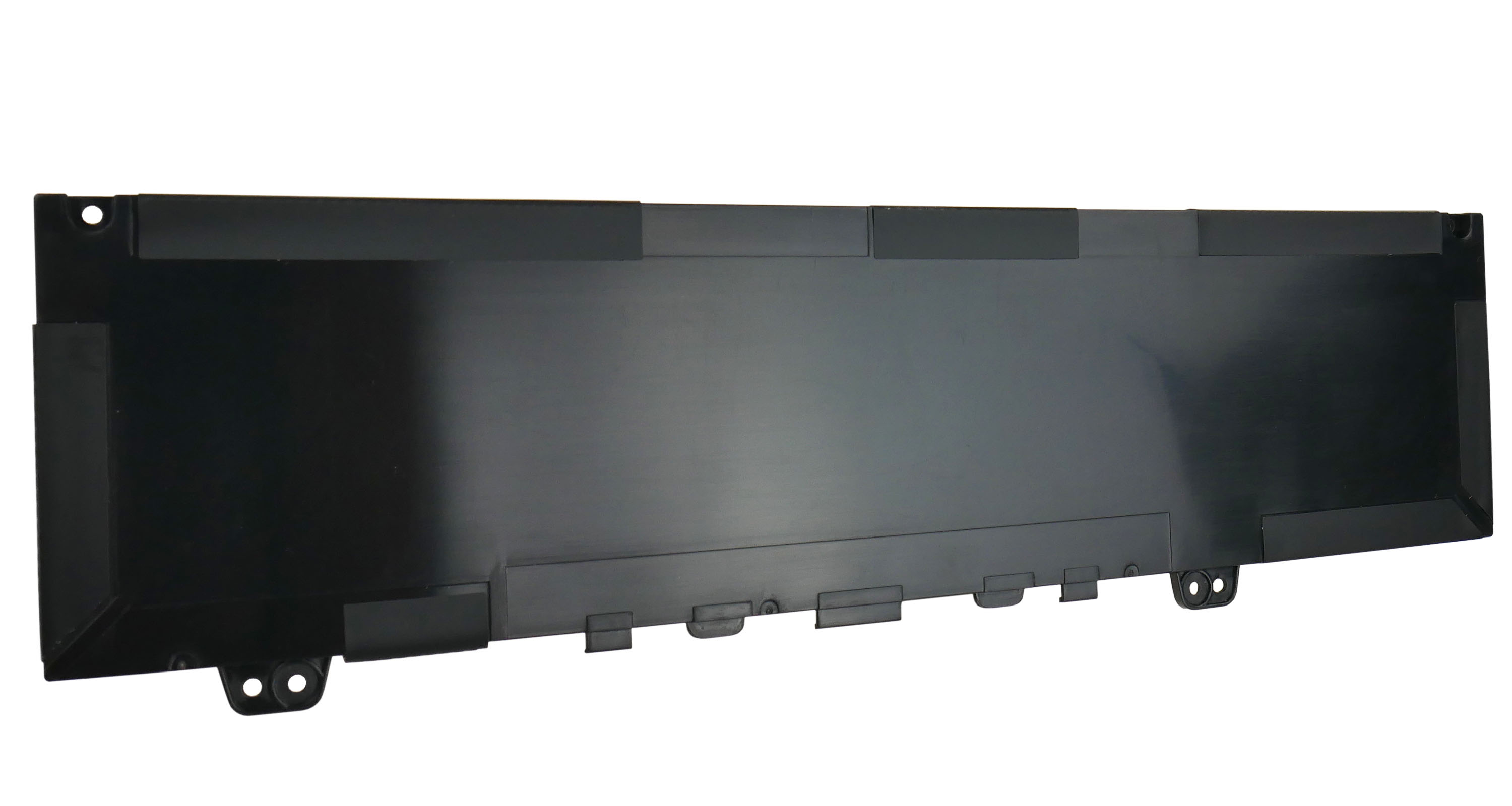 Czarna bateria do laptopa z otworami montażowymi i zatrzaskami.