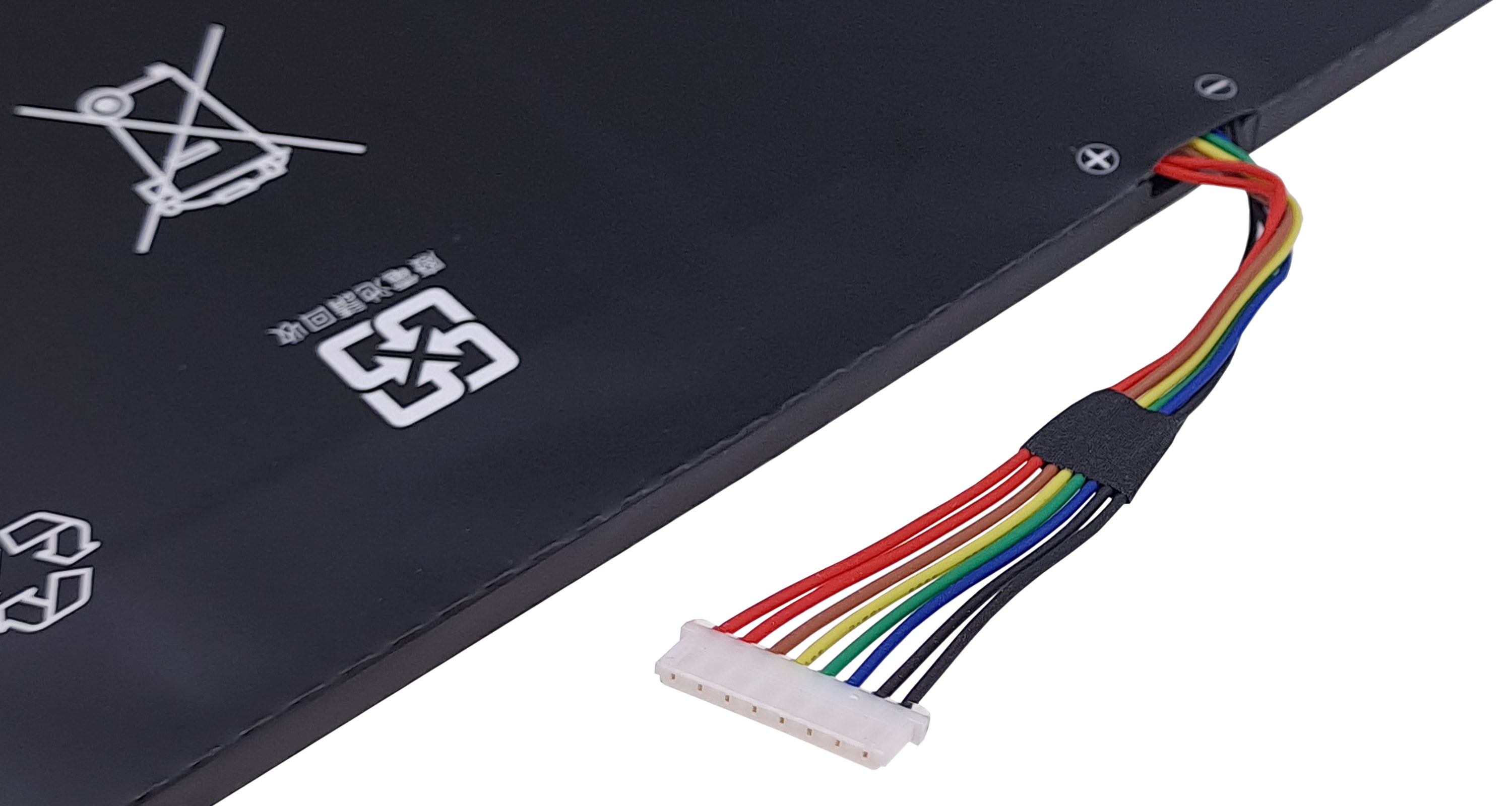 Czarna bateria z kolorowym złączem kablowym i symbolami.