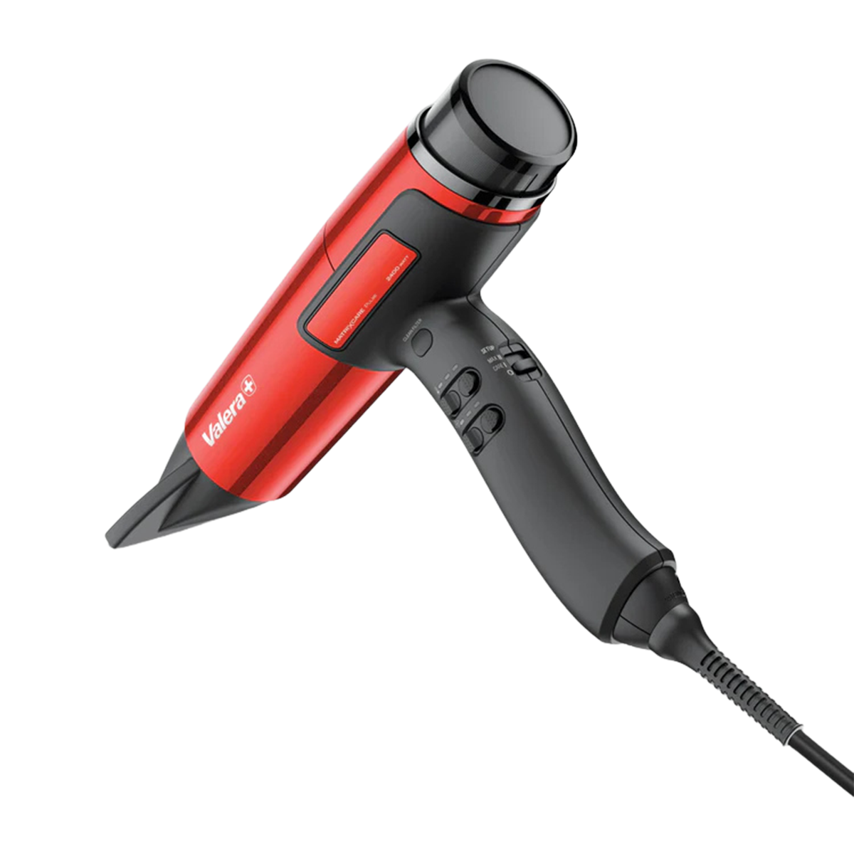 Czerwono-czarna suszarka do włosów z uchwytem i kablem.